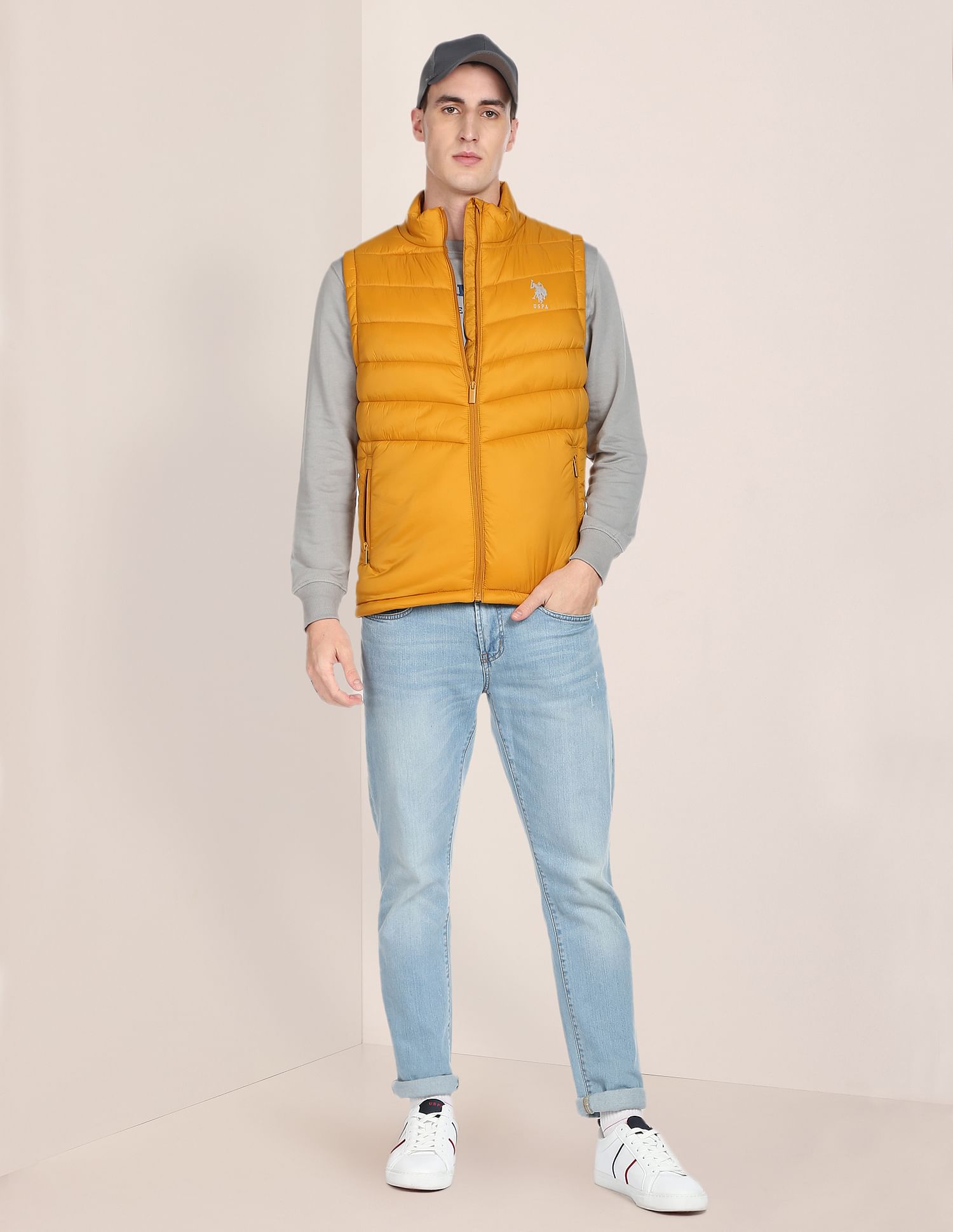High Neck Sleeveless Solid Padded Jacket Ochre - U.S. POLO ASSN. | Large