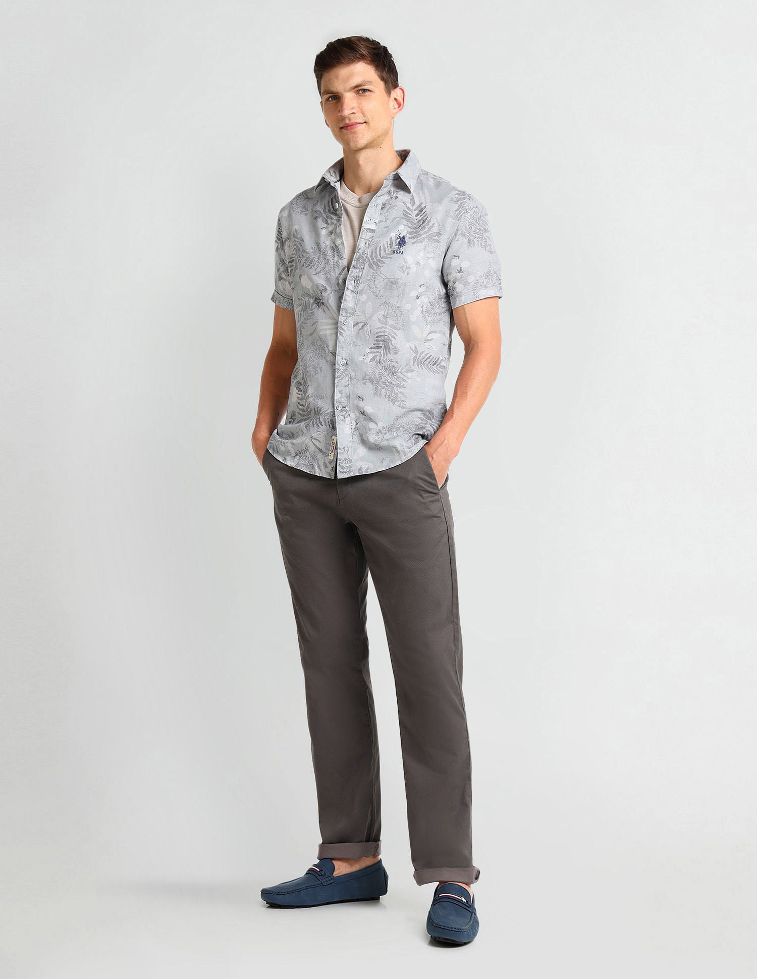 Slim Fit Tropical Print Shirt Grey - U.S. Polo Assn. India | Large