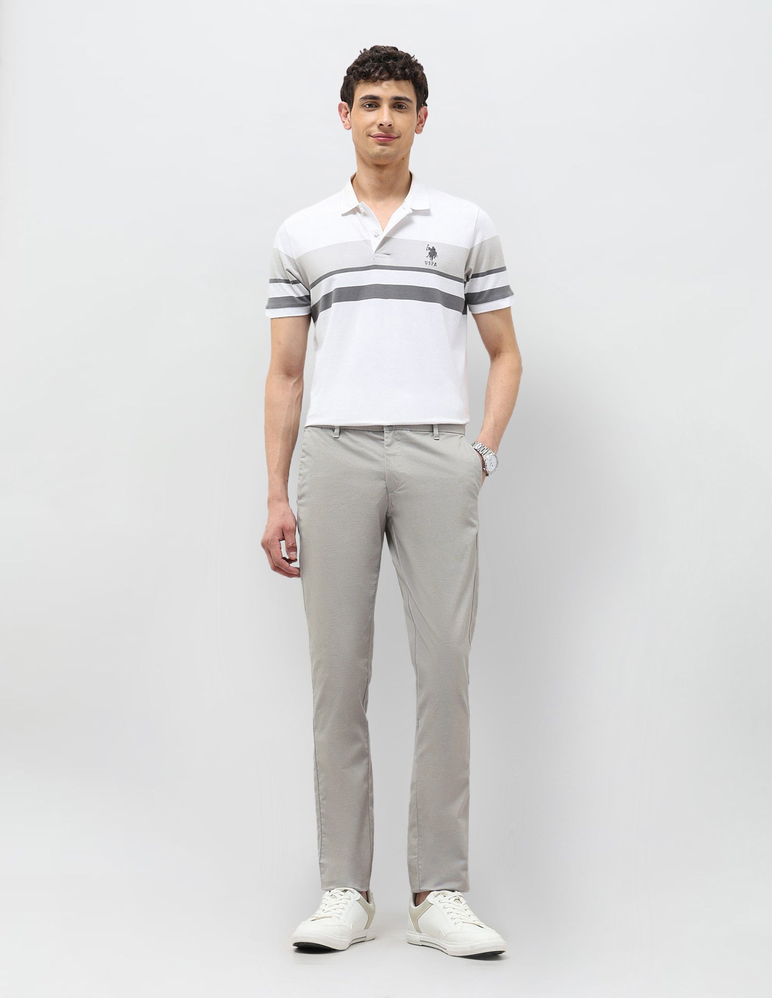 Textured Slim Fit Trousers Light Grey - U.S. Polo Assn. India | Large