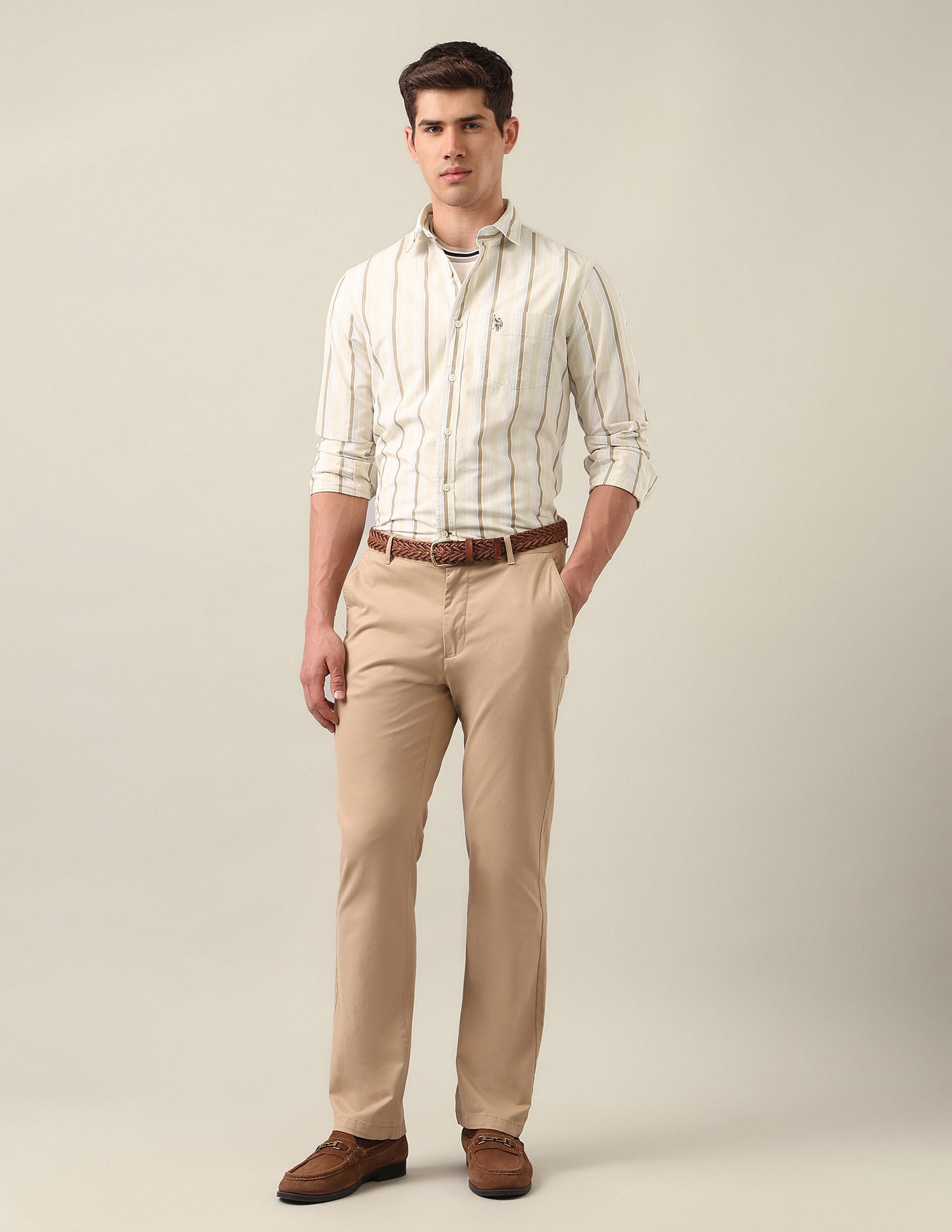 Tailored Fit Vertical Striped Shirt Beige - U.S. Polo Assn. India | Large