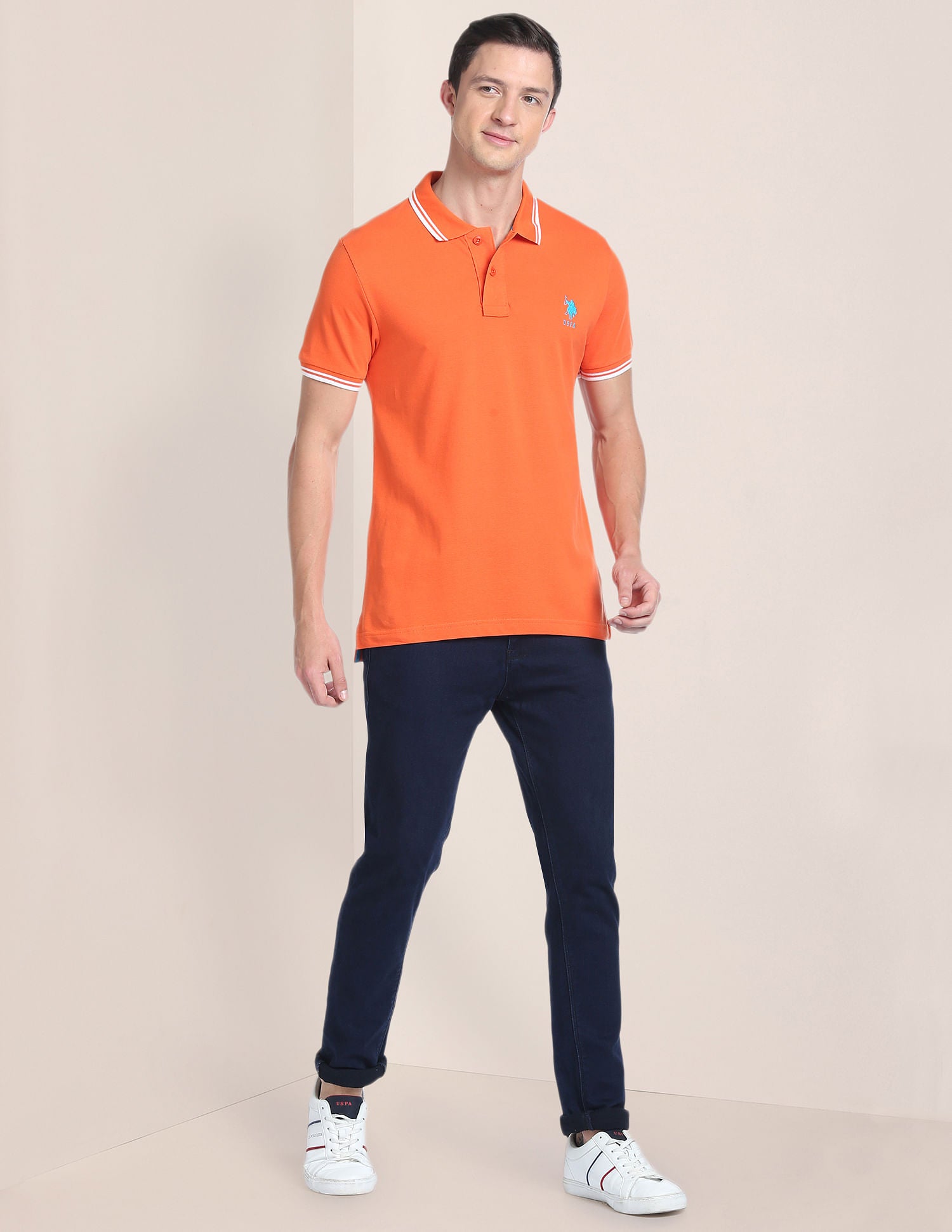 Striped Collar Pique Polo Shirt Orange - U.S. Polo Assn. India | Large