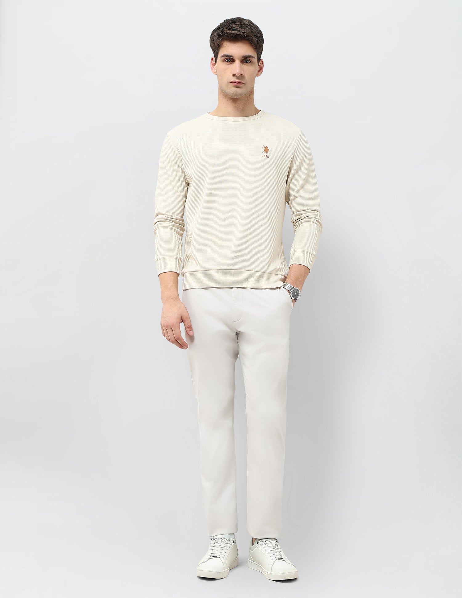 Textured Patterned Knit Regular Fit Sweatshirt Beige - U.S. POLO ASSN. | Large