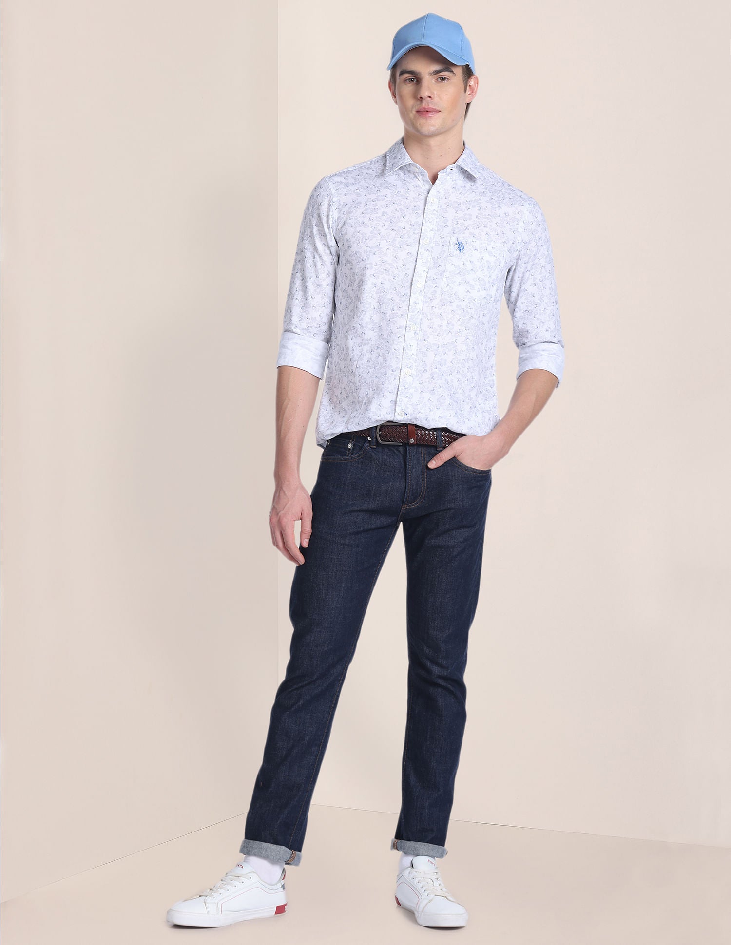 Floral Print Dobby Shirt White and Blue - U.S. POLO ASSN. | Large