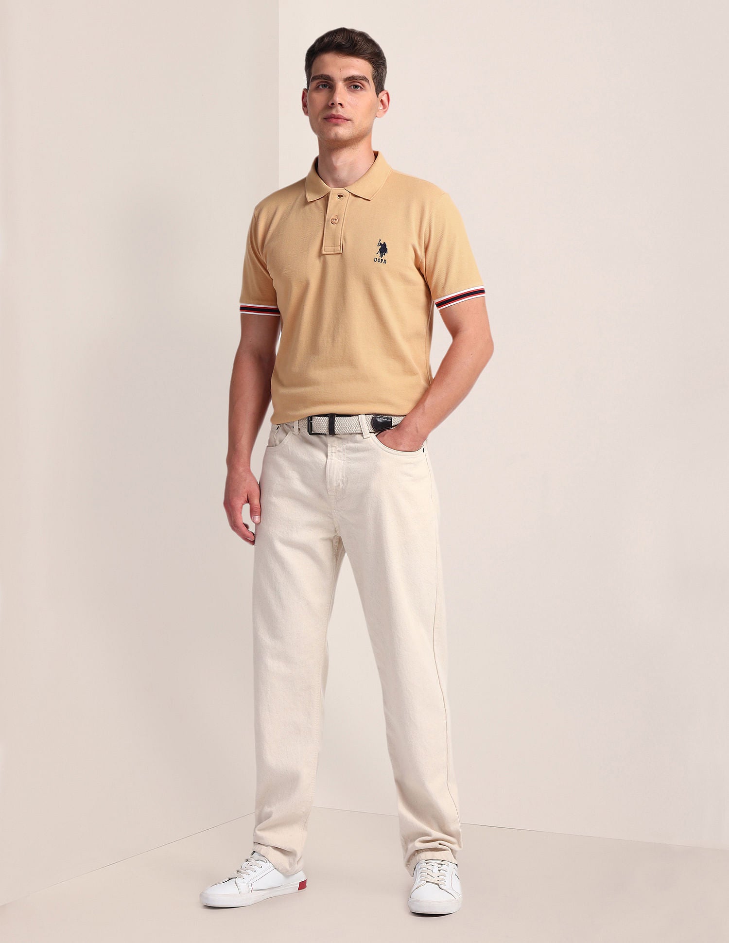 Tipped Sleeve Hem Slim Polo Shirt Beige - U.S. Polo Assn. India | Large