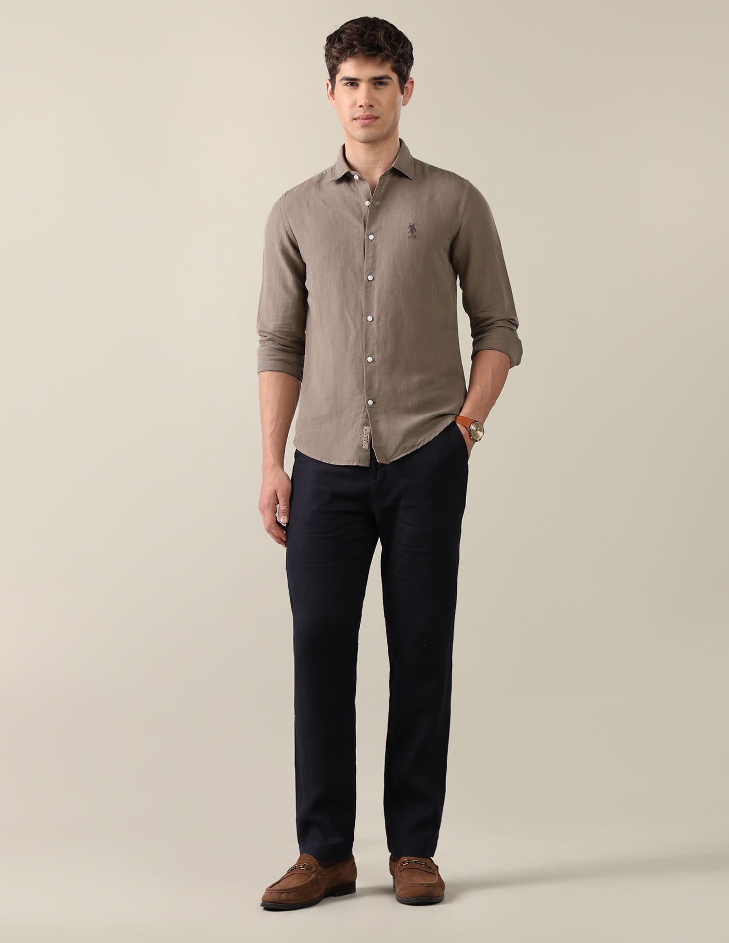Solid Regular Fit Shirt Brown - U.S. Polo Assn. India | Large