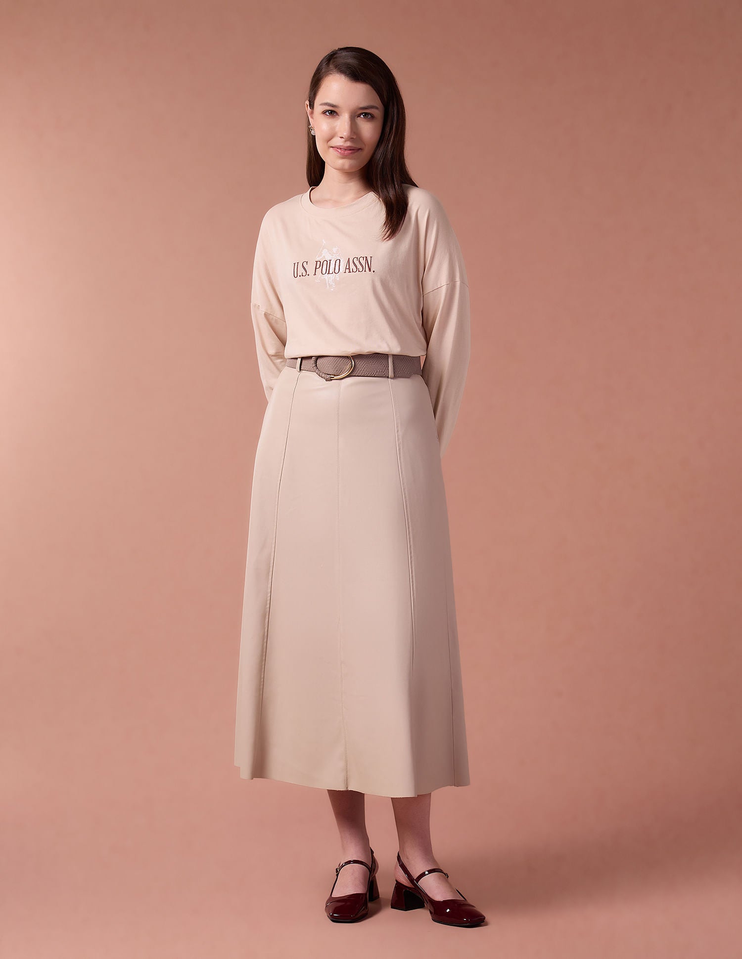 Drop Shoulder Brand Embroidered T-Shirt Beige - U.S. POLO ASSN. | Large