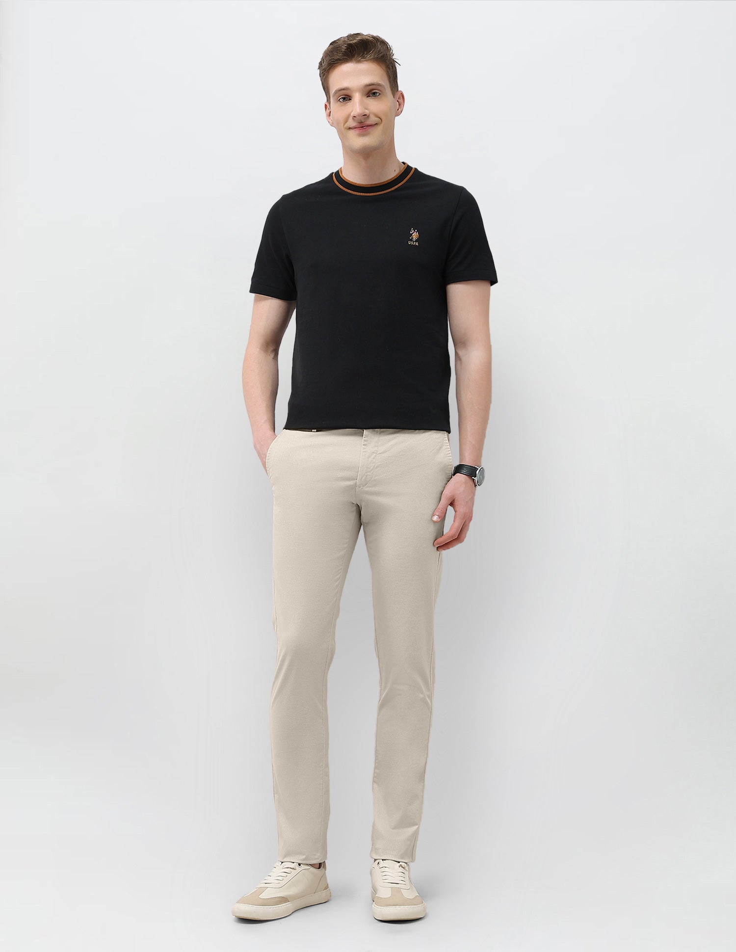 Textured Denver Slim Fit Trousers Beige - U.S. Polo Assn. India | Large