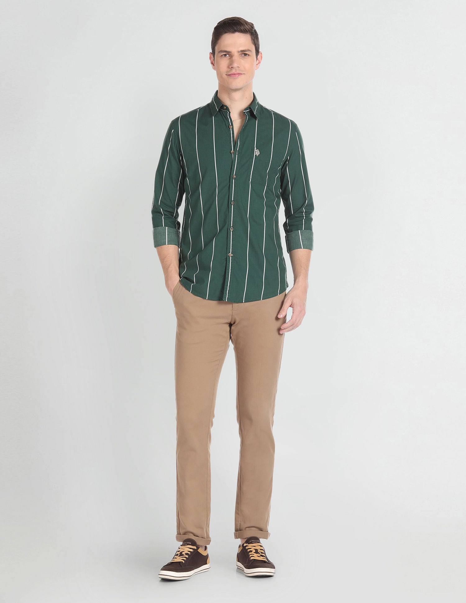 Vertical Stripe Cotton Shirt Dark Olive - U.S. POLO ASSN. | Large