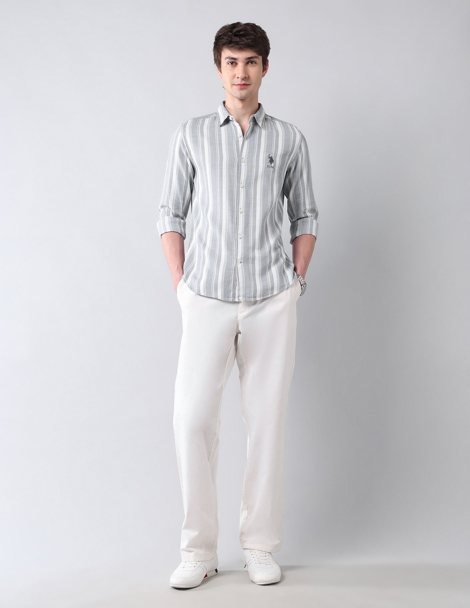 Vertical Striped Regular Fit Shirt Light Grey - U.S. Polo Assn. India | Large