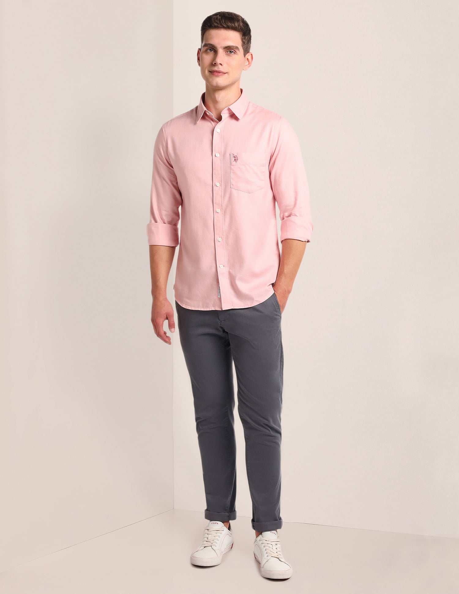 Tailored Regular Fit Solid Shirt Pink - U.S. Polo Assn. India | Large