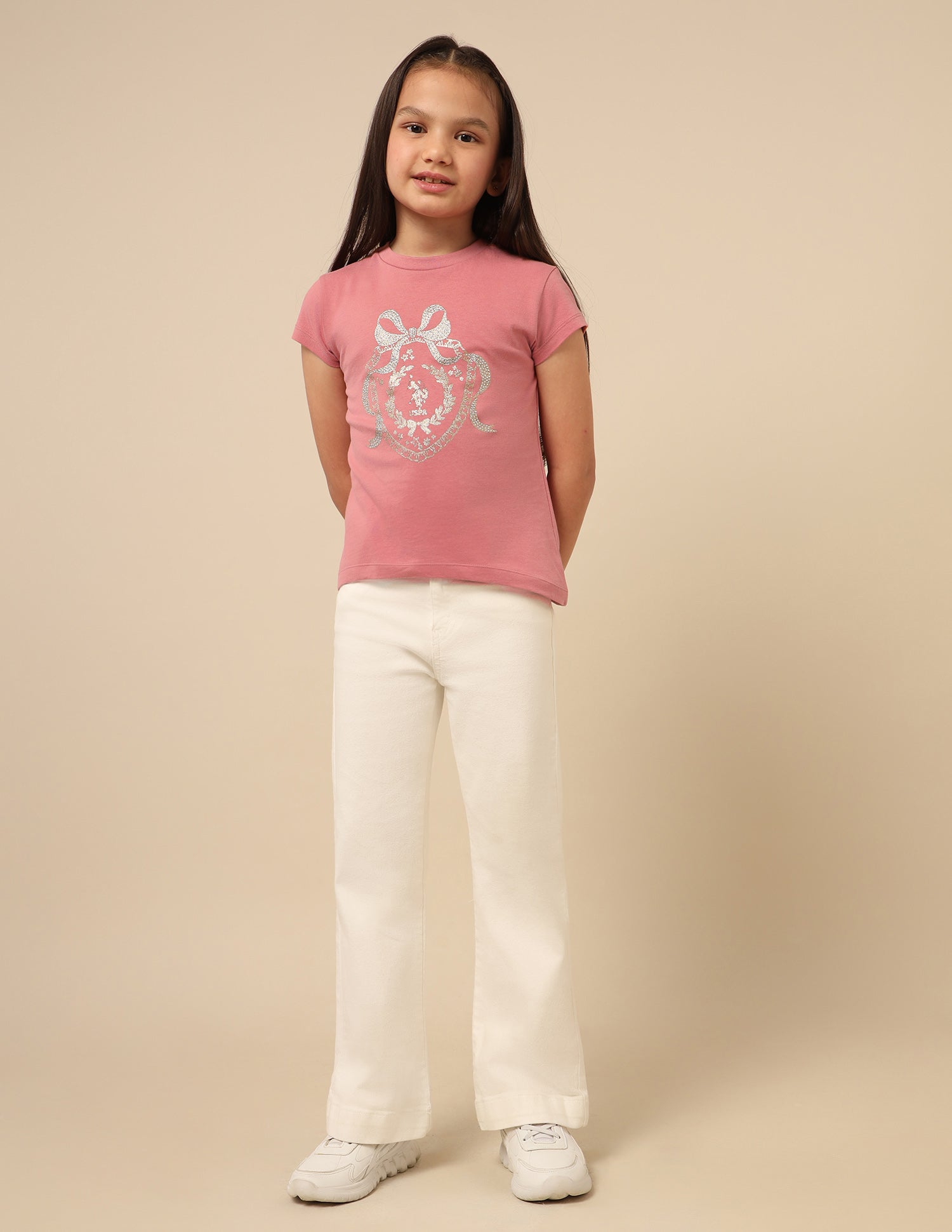 Girls Embellised Metallic Brand Printed Top Pink - U.S. POLO ASSN. | Large