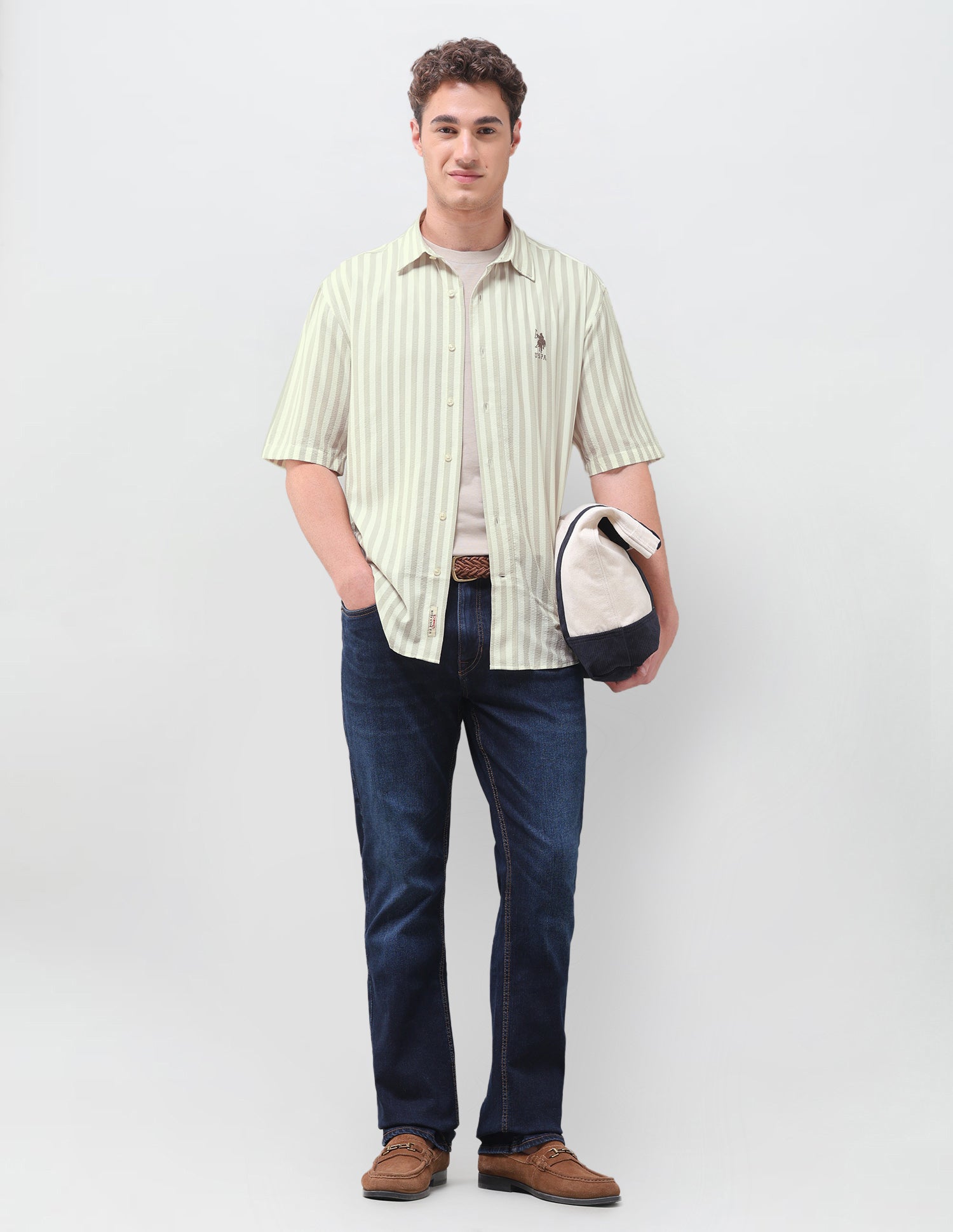 Vertical Striped Seersucker Weave Shirt Light Khaki - U.S. Polo Assn. India | Large