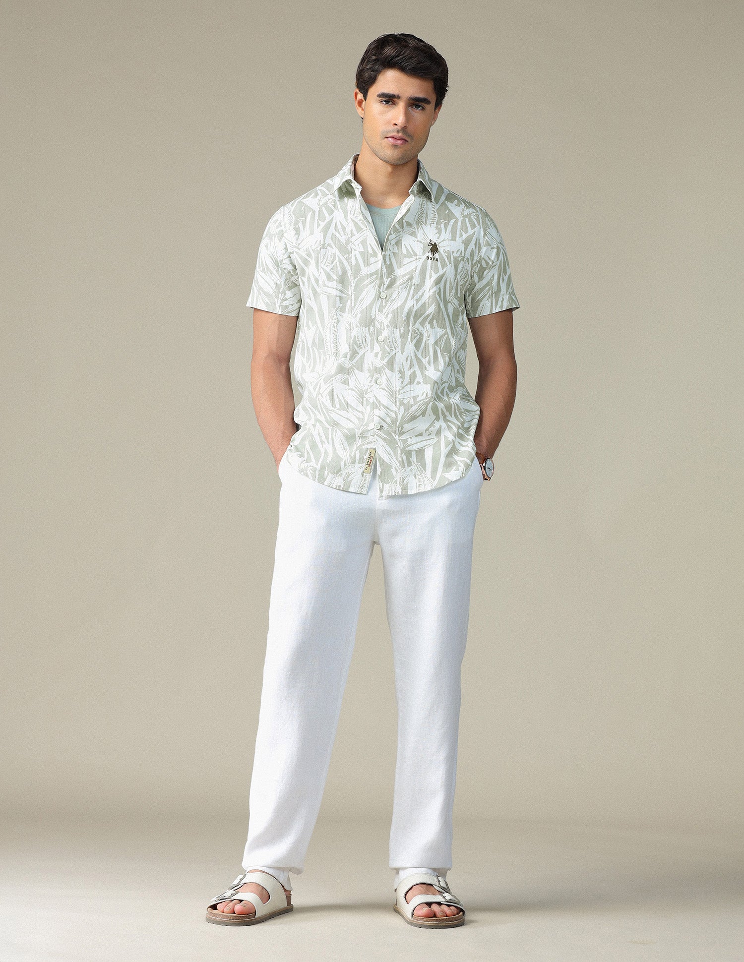 Tropical Printed Dobby Shirt Green - U.S. POLO ASSN. | Large