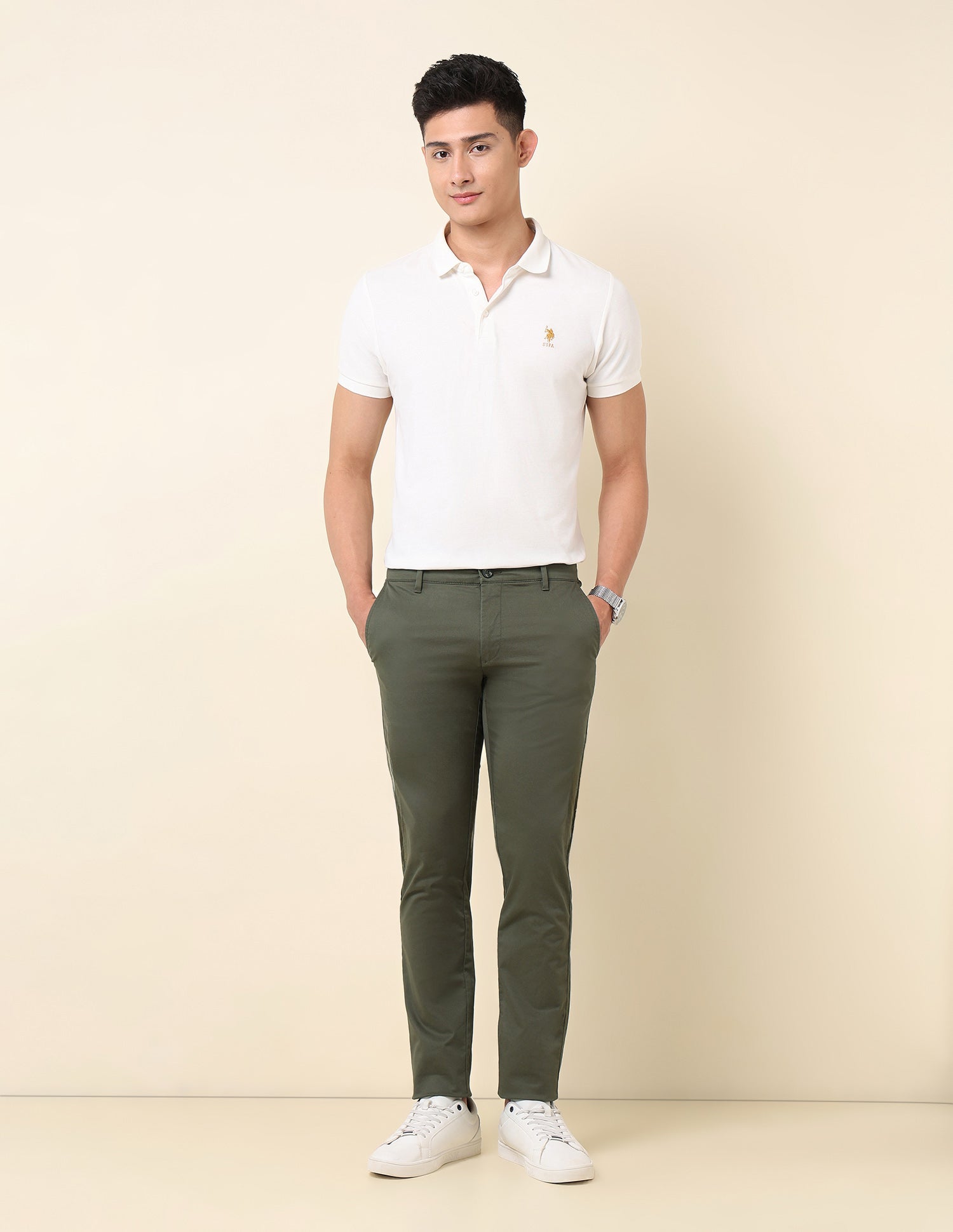 Austin Slim Fit Textured Trousers Olive - U.S. Polo Assn. India | Large