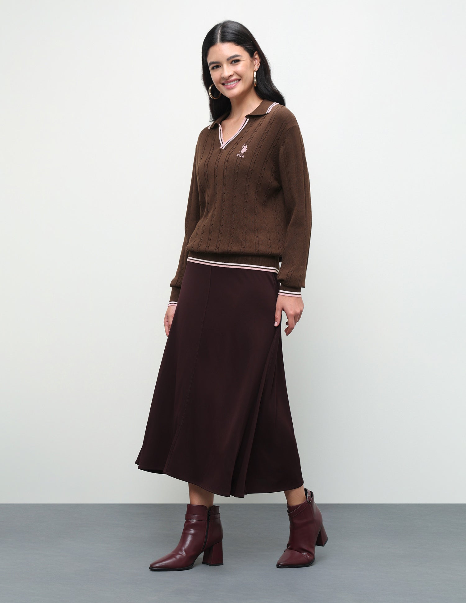 Cable Patterned Knit Regular Fit Sweater Brown - U.S. Polo Assn. India | Large