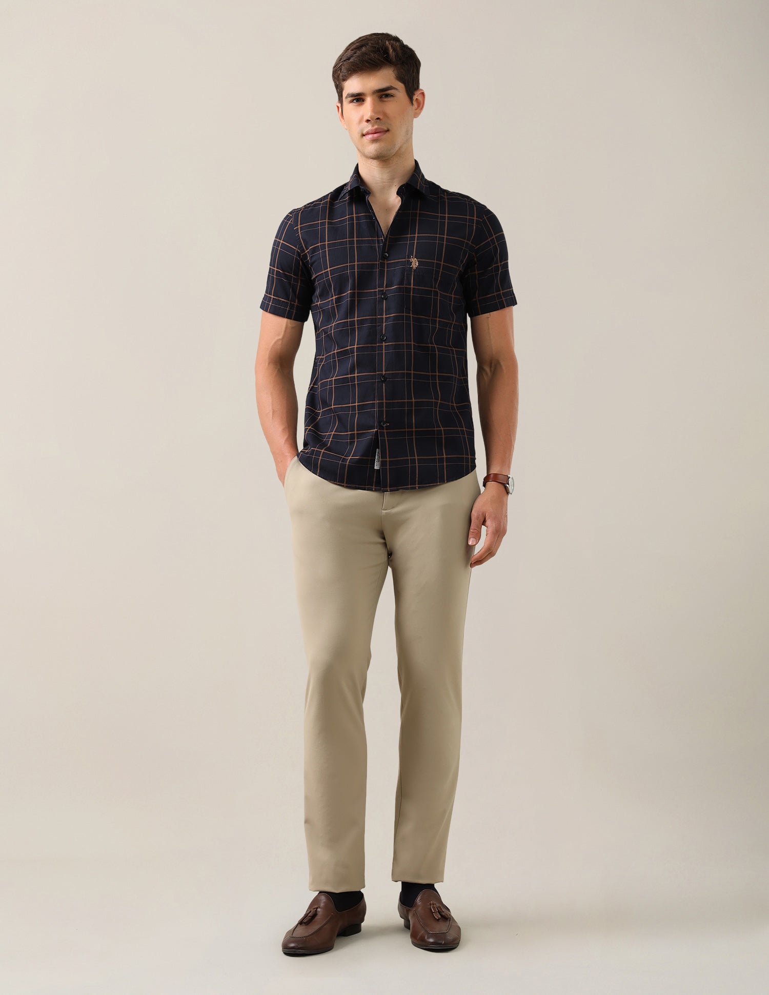 Grid Tattersall Checked Tailored Fit Shirt Navy - U.S. Polo Assn. India | Large
