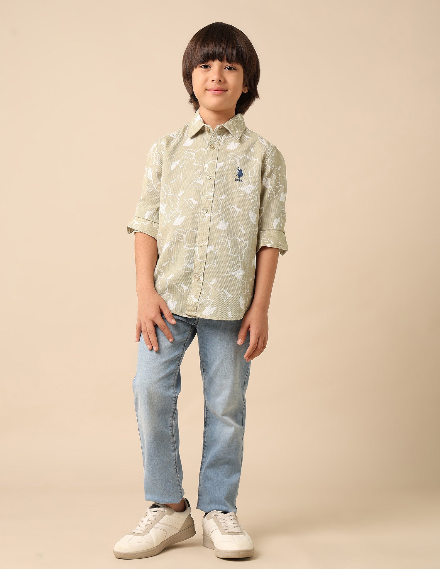 Boys Floral Printed Dobby Shirt Beige - U.S. POLO ASSN. | Large
