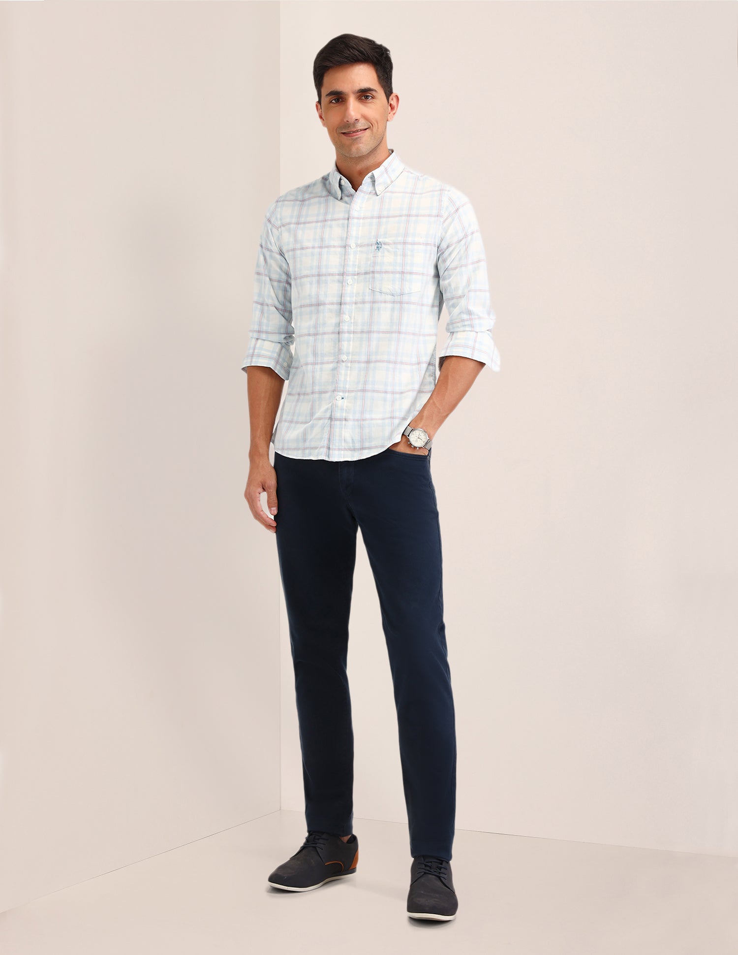 Dupplin Check Printed Regular Fit Shirt Light Blue - U.S. Polo Assn. India | Large