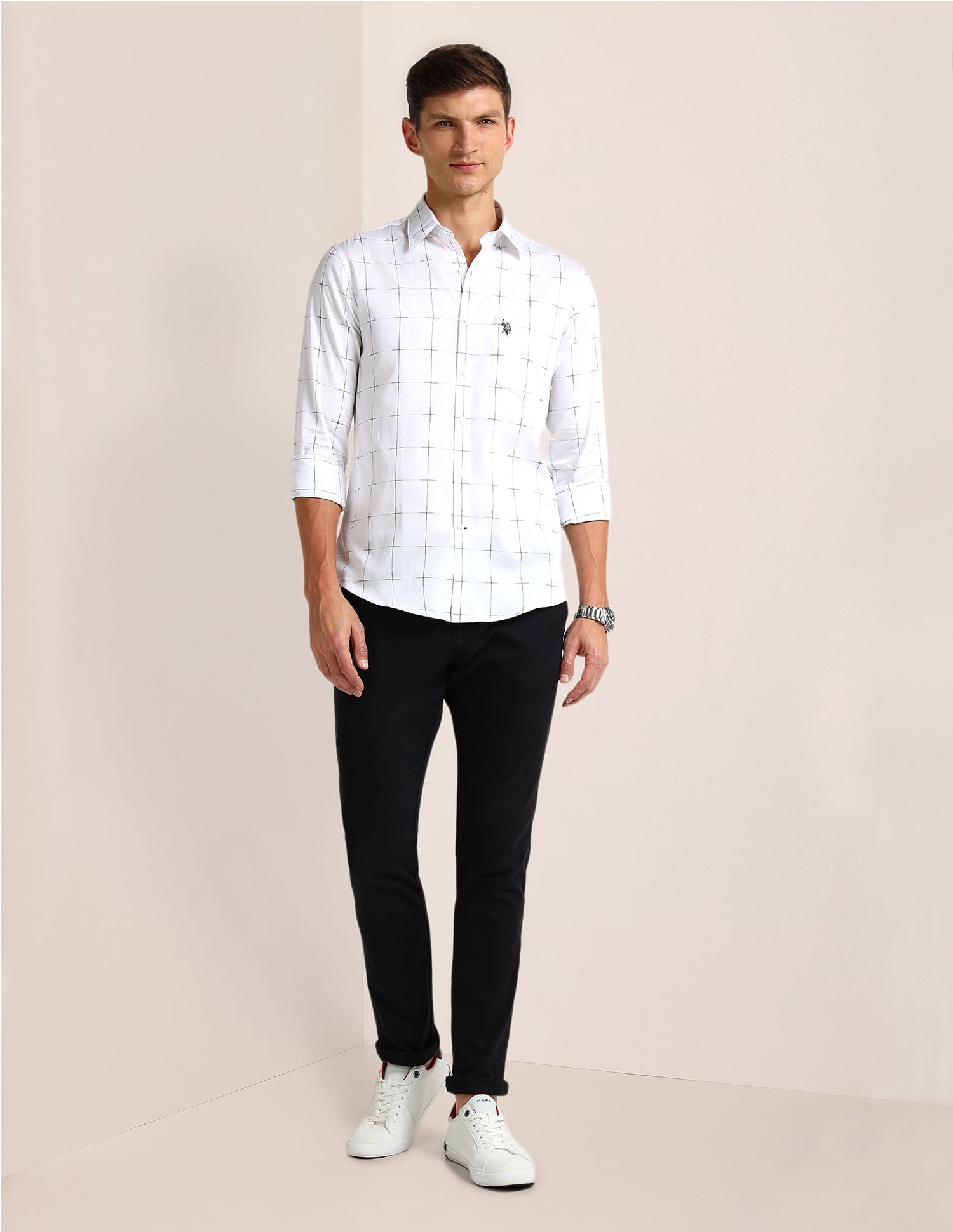 Tailored Fit Cotton Checked Shirt White - U.S. Polo Assn. India | Large