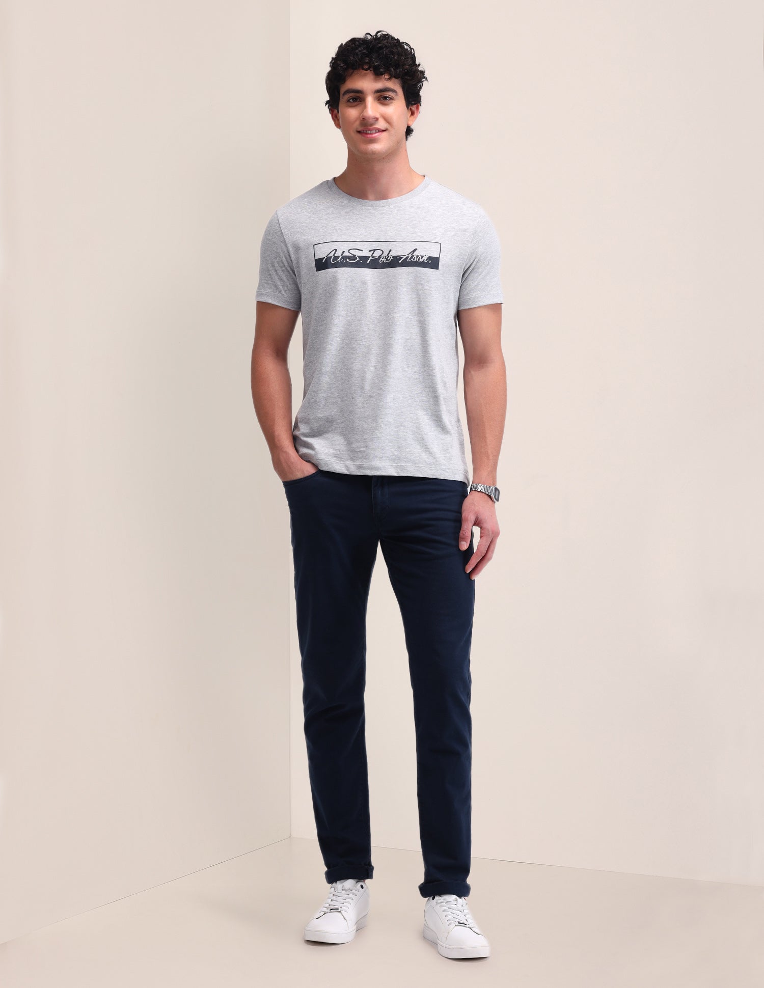 Brand Printed Cotton T-Shirt Grey - U.S. Polo Assn. India | Large