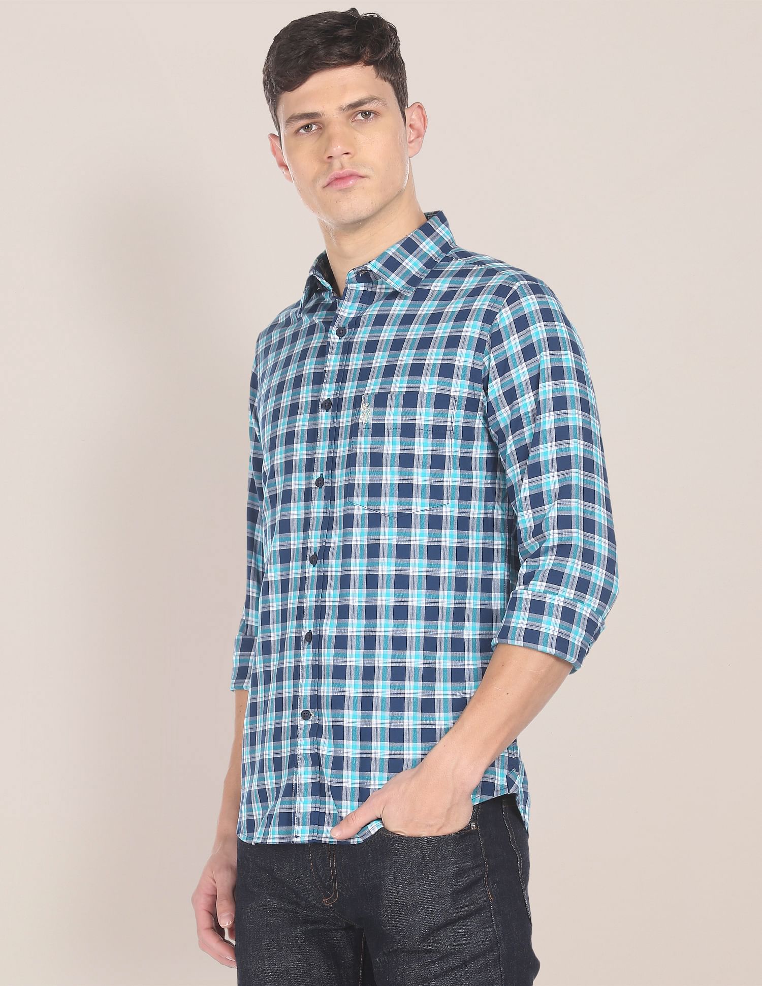 Men Navy And Aqua Spread Collar Check Casual Shirt Navy and Aqua - U.S. Polo Assn. India | Large