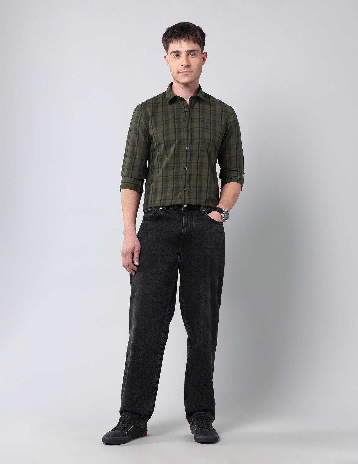 Grid Tattersall Checked Pure Cotton Shirt Olive - U.S. Polo Assn. India | Large