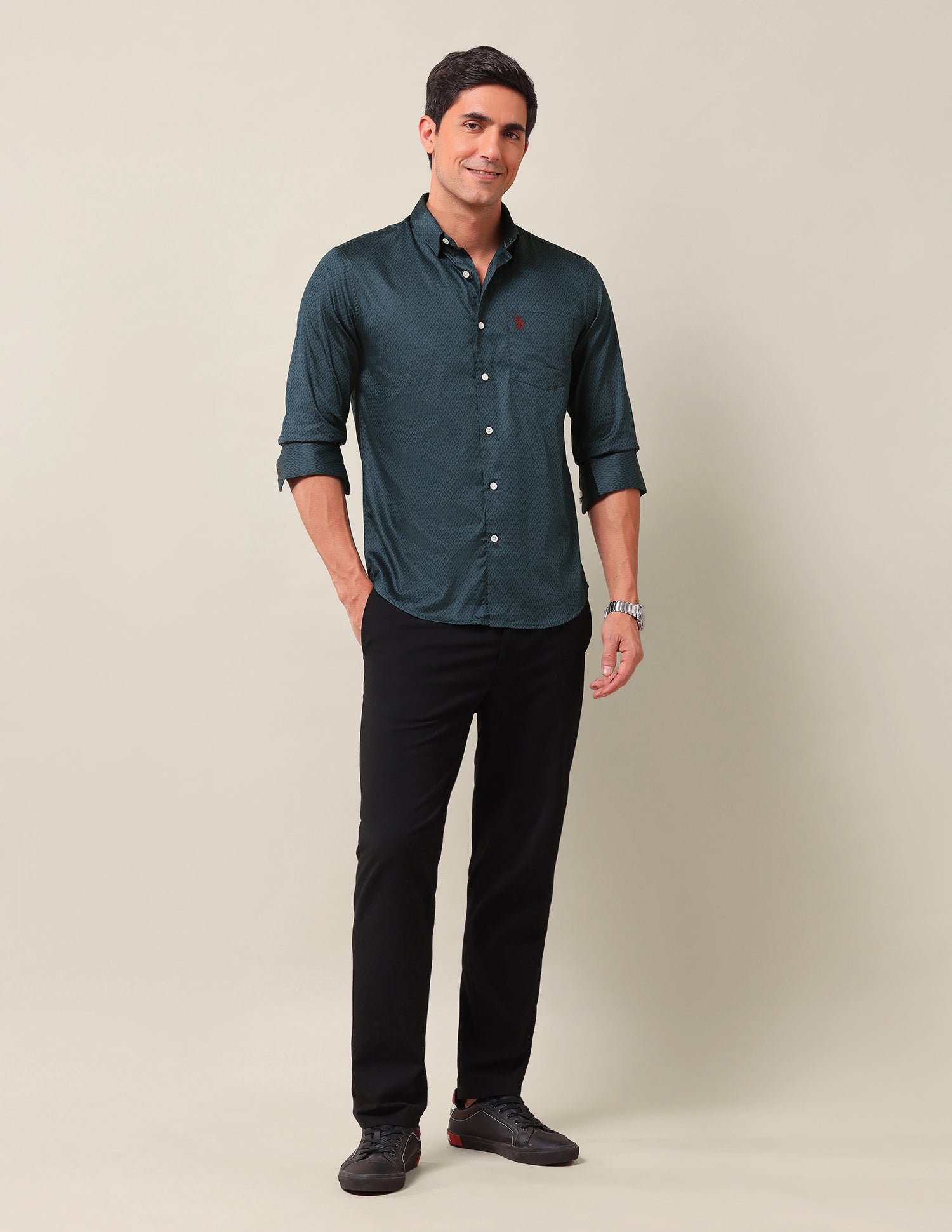 Tailored Fit Geometric Printed Shirt Teal - U.S. Polo Assn. India | Large