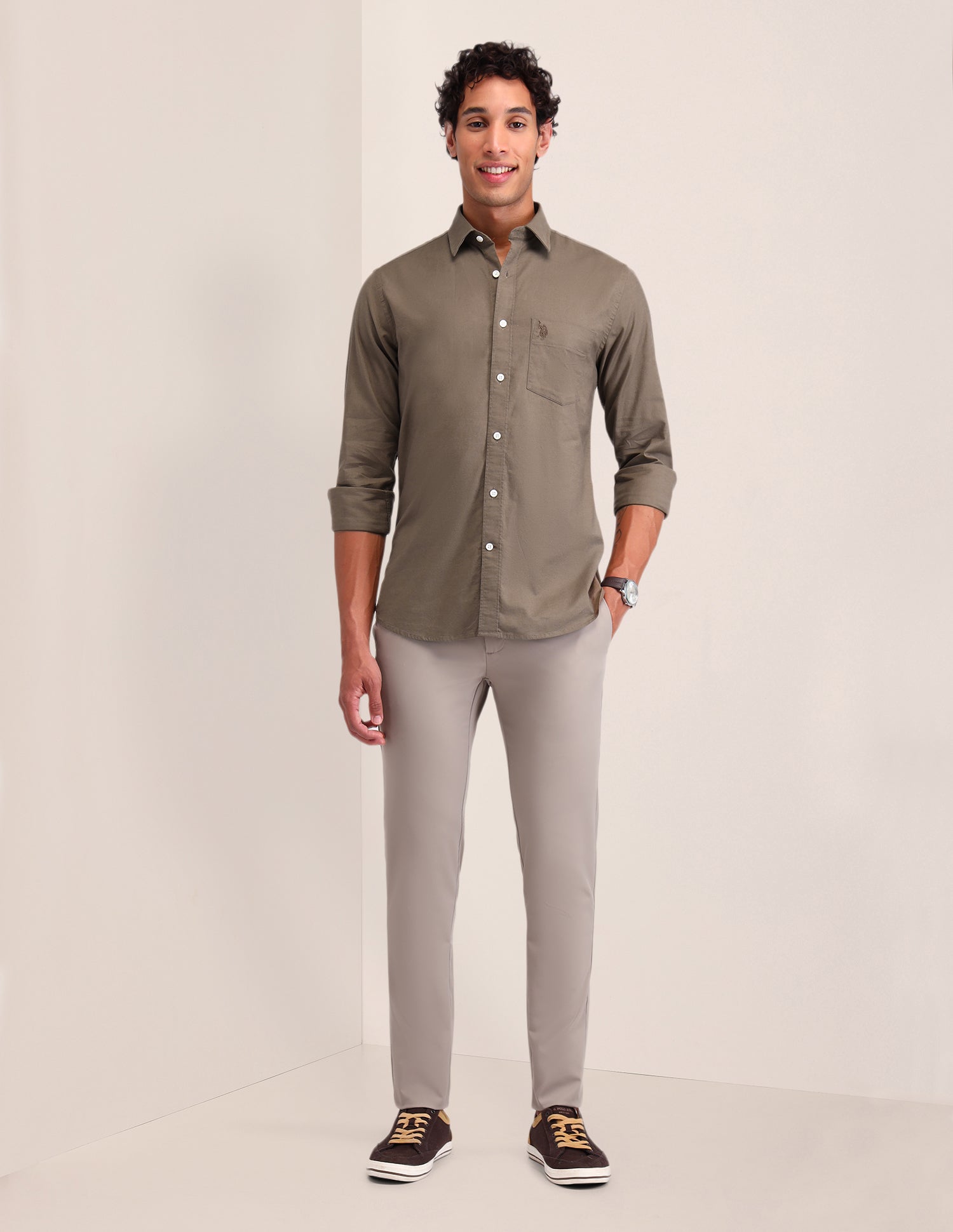 Solid Tailored Fit Shirt Khaki - U.S. POLO ASSN. | Large