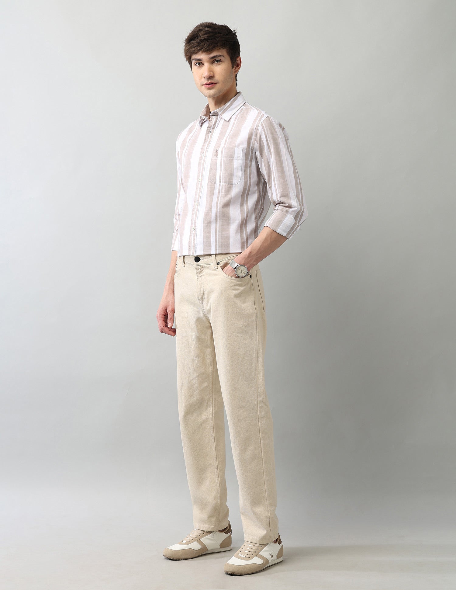 Vertical Striped Cotton Poplin Shirt Khaki - U.S. Polo Assn. India | Large