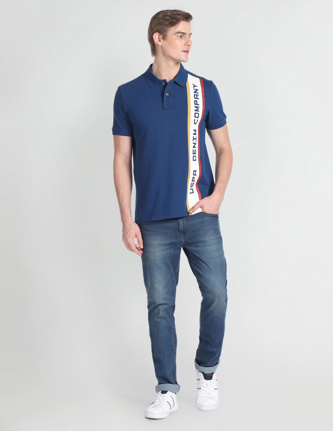 Ribbed Collar Brand Print Polo Shirt Navy - U.S. Polo Assn. India | Large