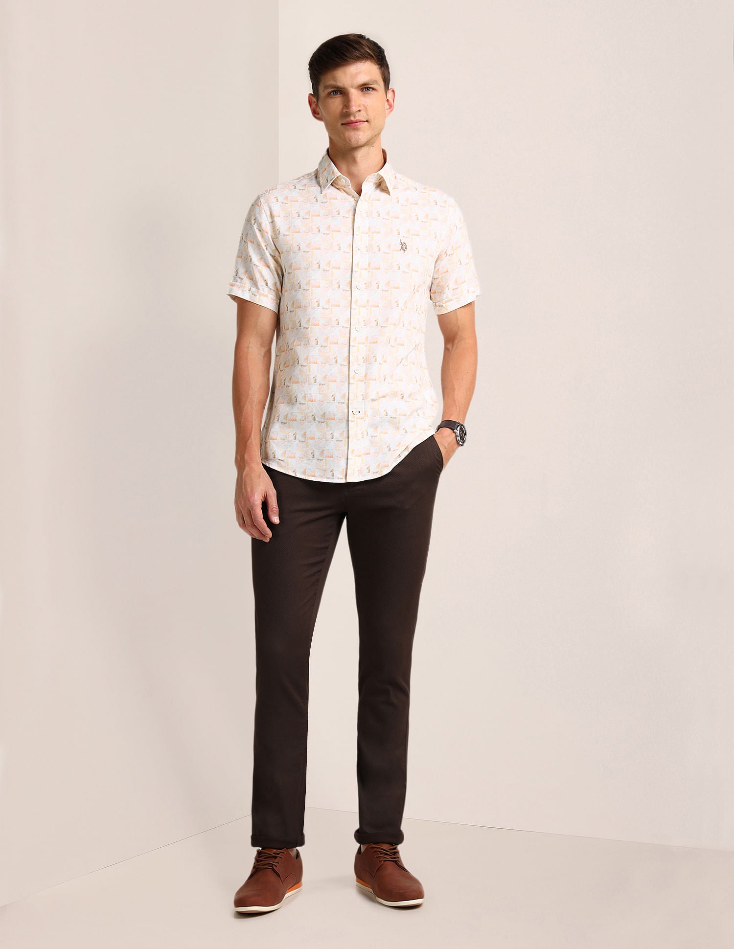 Geometric Print Regular Fit Shirt Peach - U.S. Polo Assn. India | Large