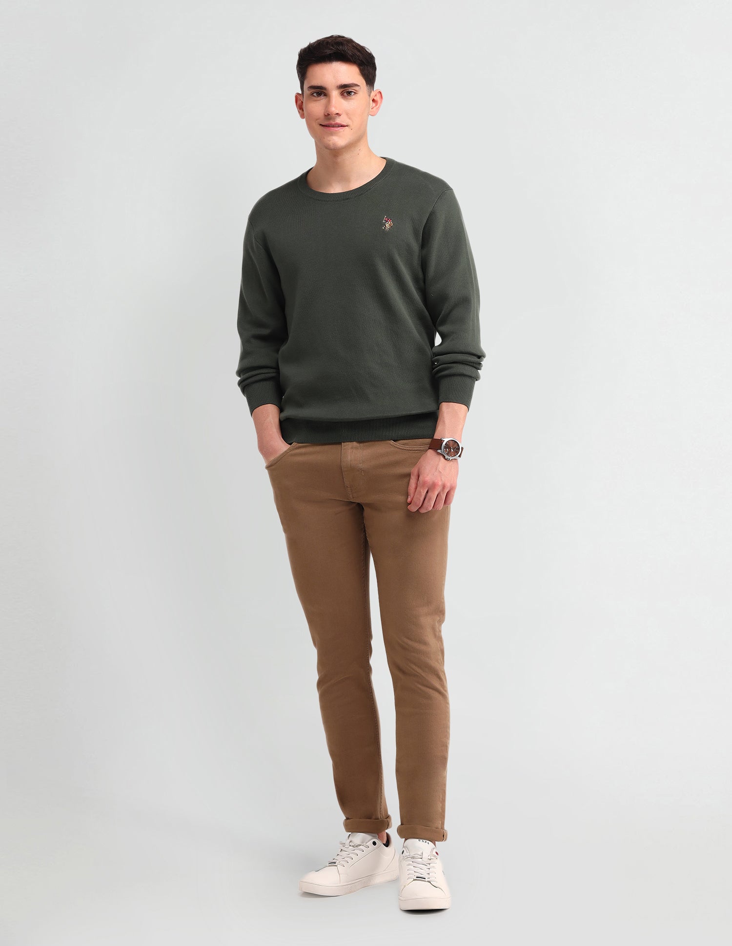 Solid Regular Fit Sweater Olive - U.S. Polo Assn. India | Large