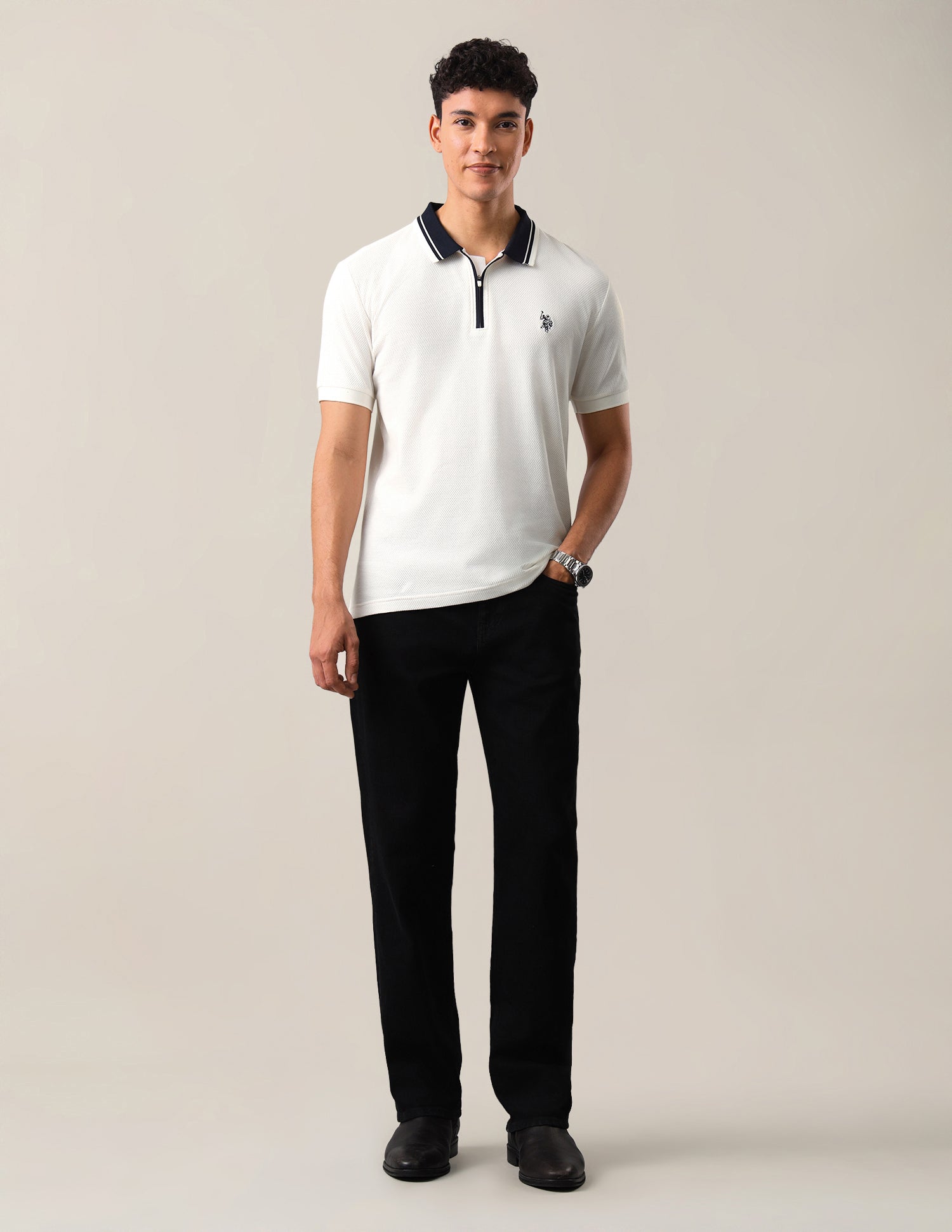 Textured Slim Fit Polo Shirt Ivory - U.S. Polo Assn. India | Large