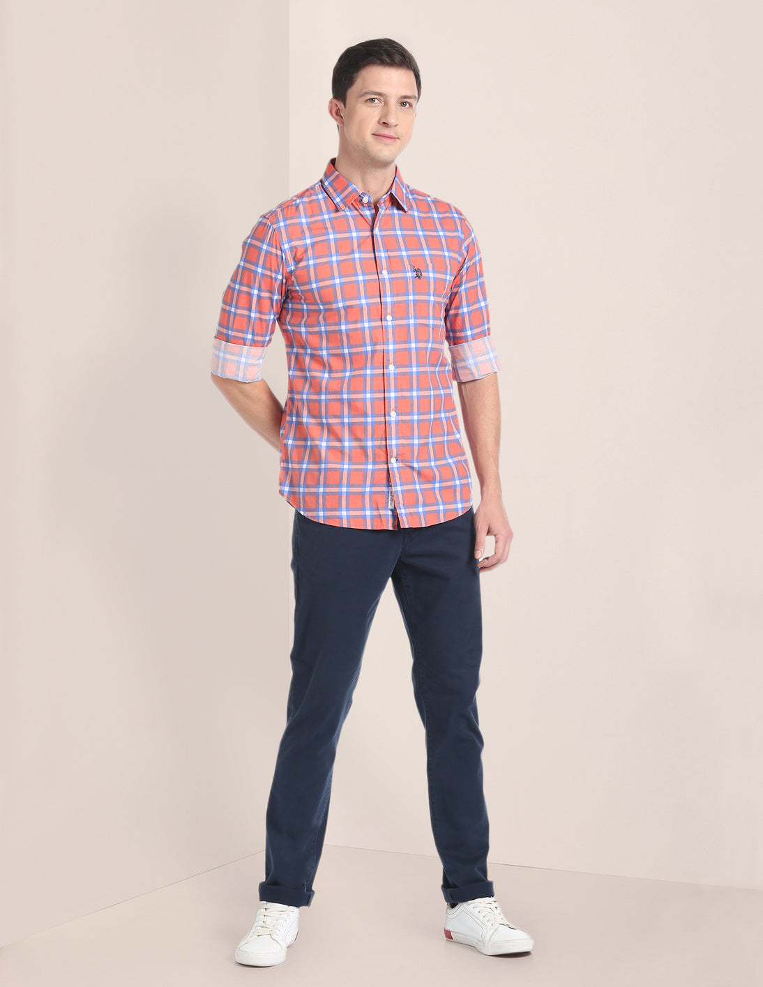 Rounded Cuff Check Casual Shirt Coral - U.S. Polo Assn. India | Large