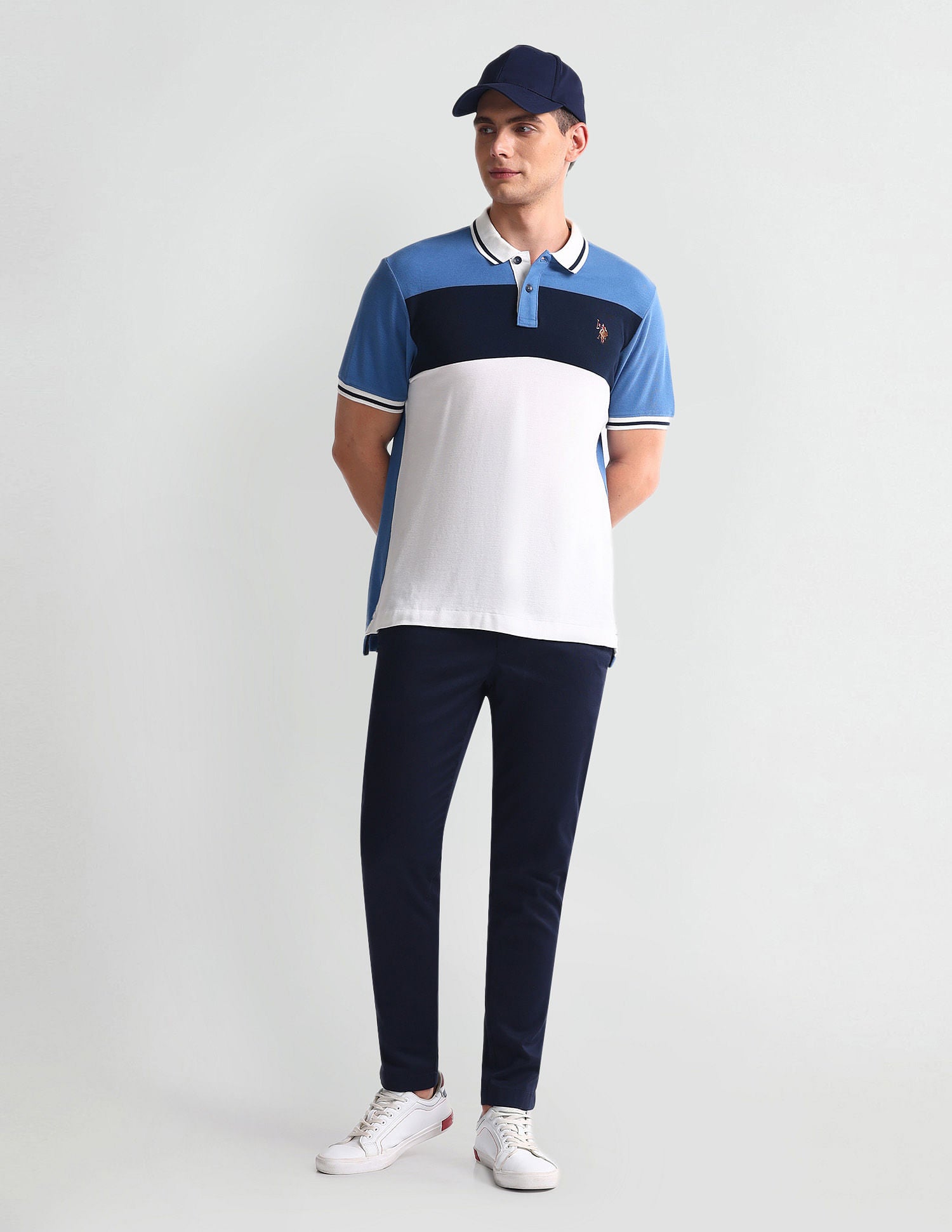 Colour Block Muscle Fit Polo Shirt Blue and White - U.S. Polo Assn. India | Large