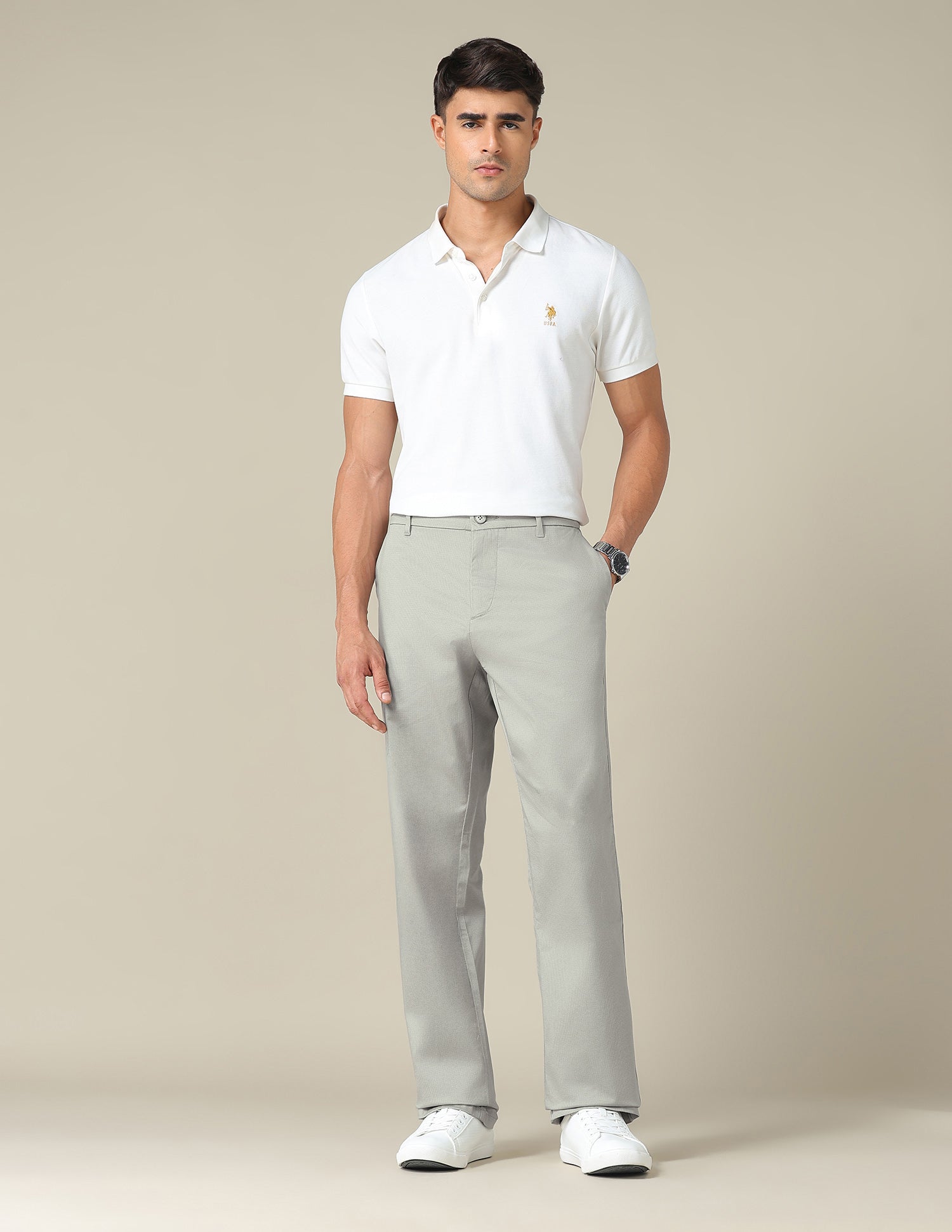 Riley Straight Fit Satin Trousers Stone - U.S. POLO ASSN. | Large