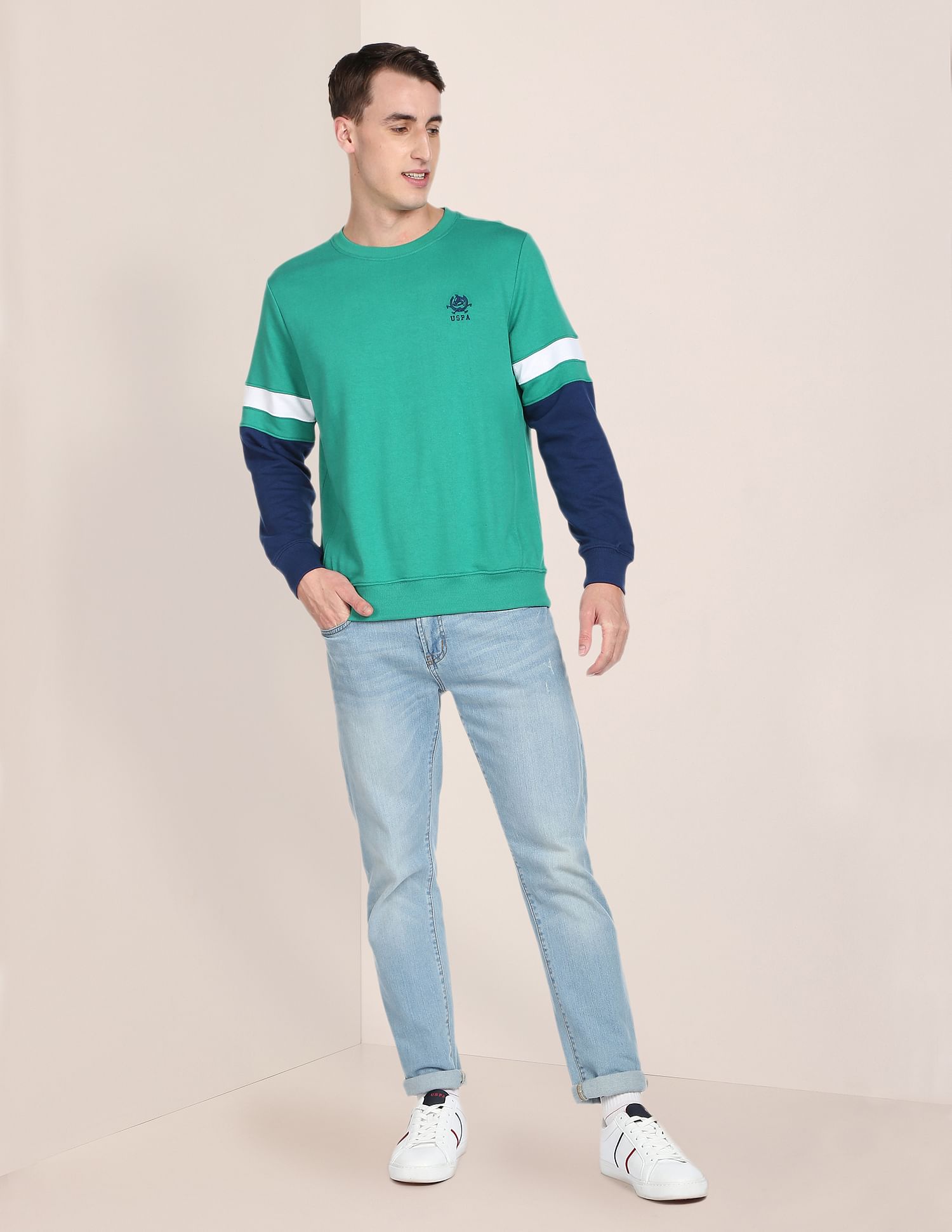 Colour Block Crew Neck Sweatshirt Teal - U.S. Polo Assn. India | Large
