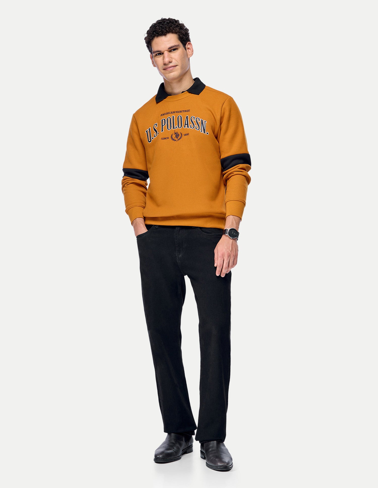 Brand Embroidered Slim Fit Sweatshirt Mustard - U.S. Polo Assn. India | Large