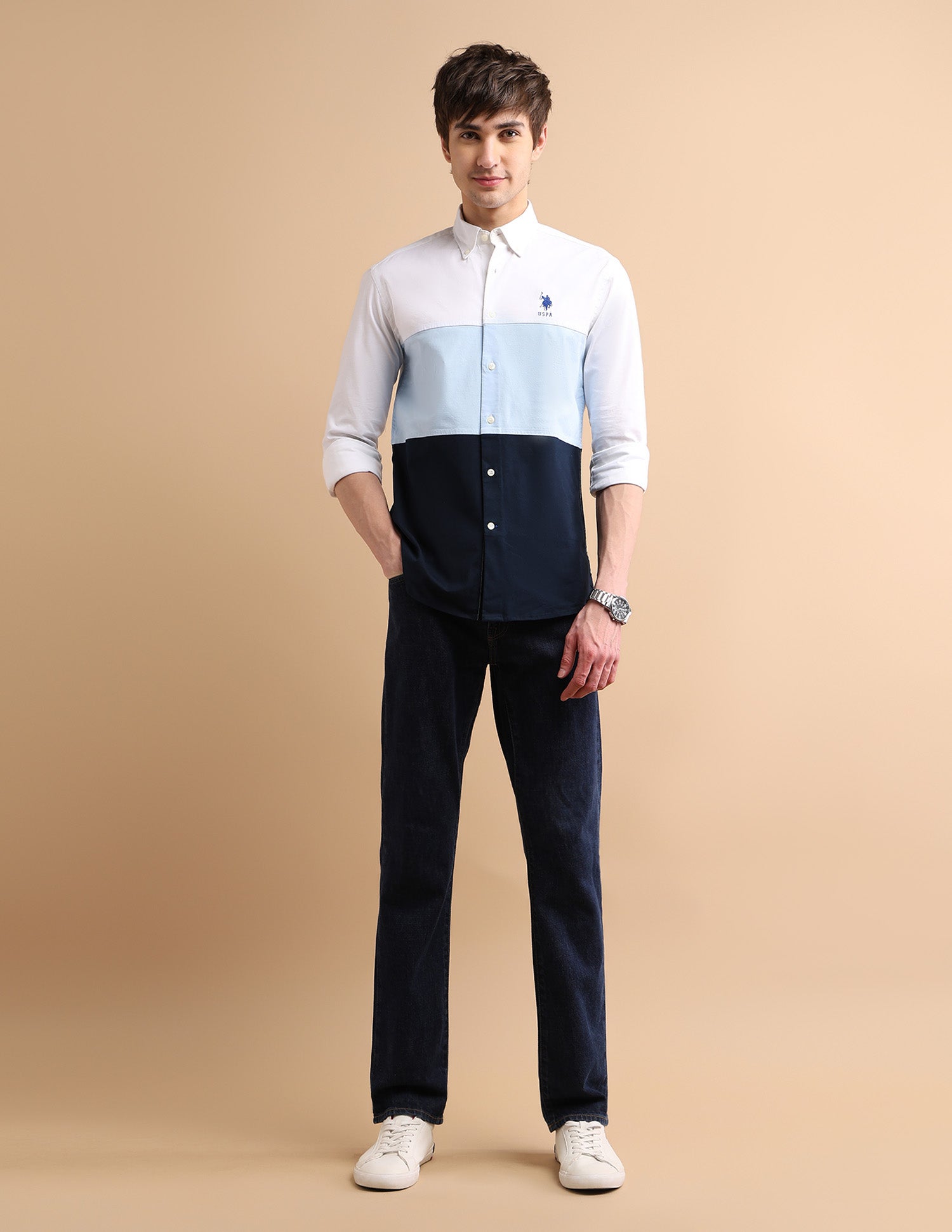 Colour Block Oxford Shirt Navy and White - U.S. POLO ASSN. | Large