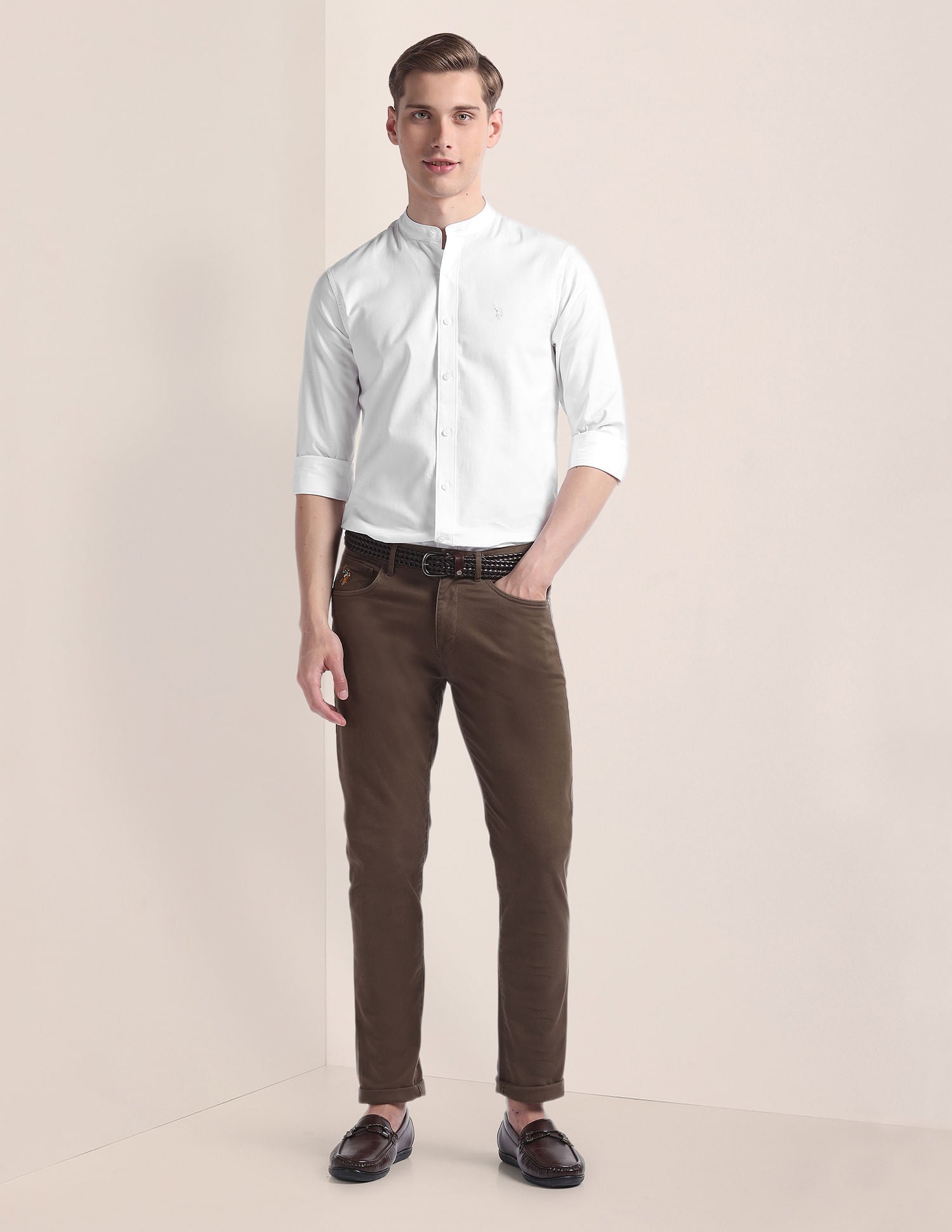 Mandarin Collar Cotton Shirt White - U.S. Polo Assn. India | Large