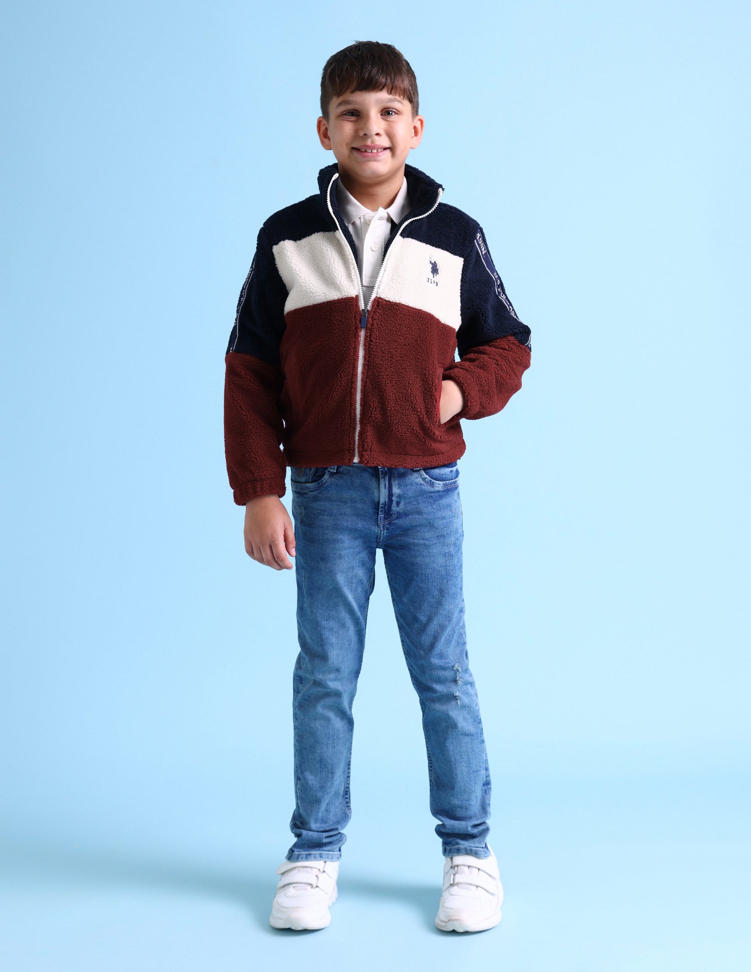 Boys Dark Red Brand Tape Colour Block Sherpa Jacket Dark Red - U.S. POLO ASSN. | Large