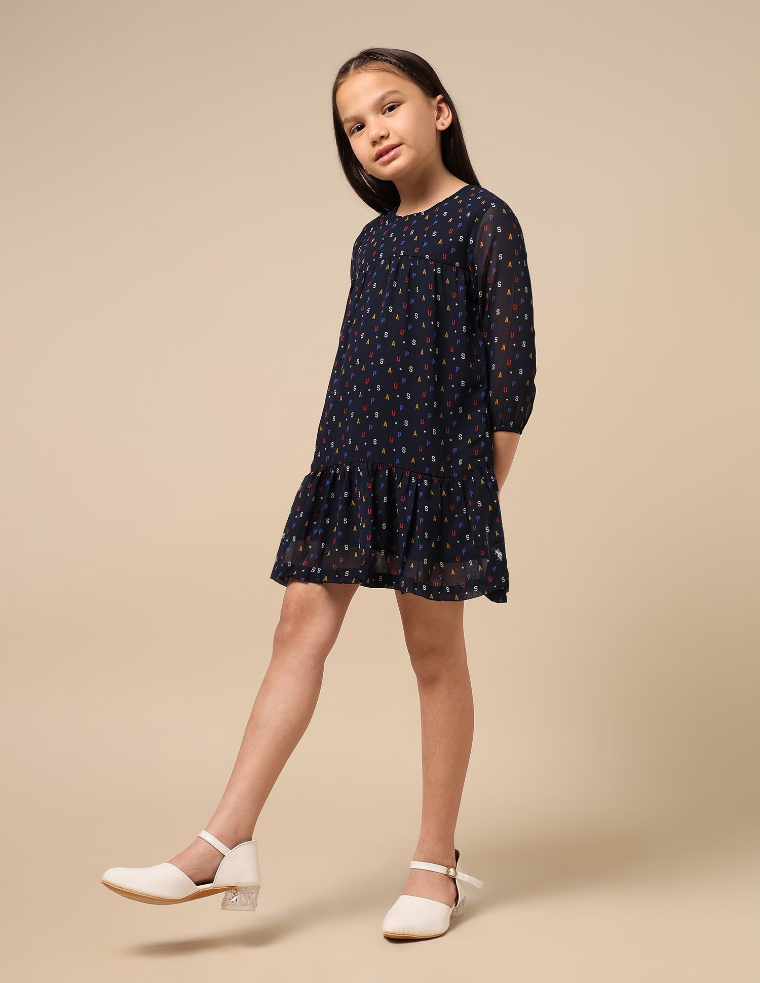 All Over Brand Print Long Sleeve A-Line Dress Navy - U.S. POLO ASSN. | Large