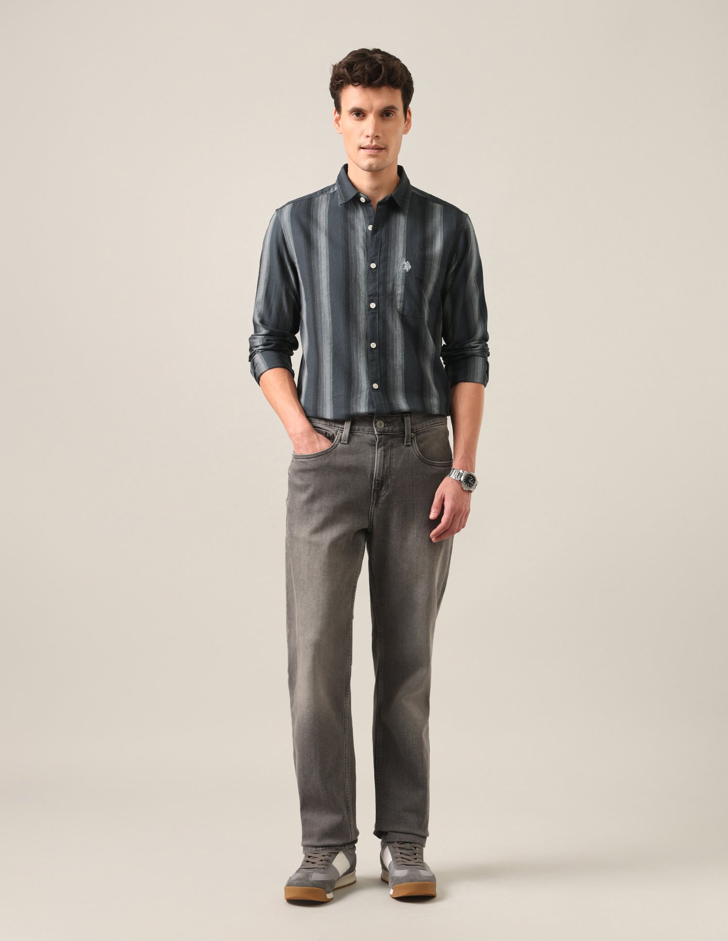 Vertical Striped Twill Shirt Grey - U.S. Polo Assn. India | Large