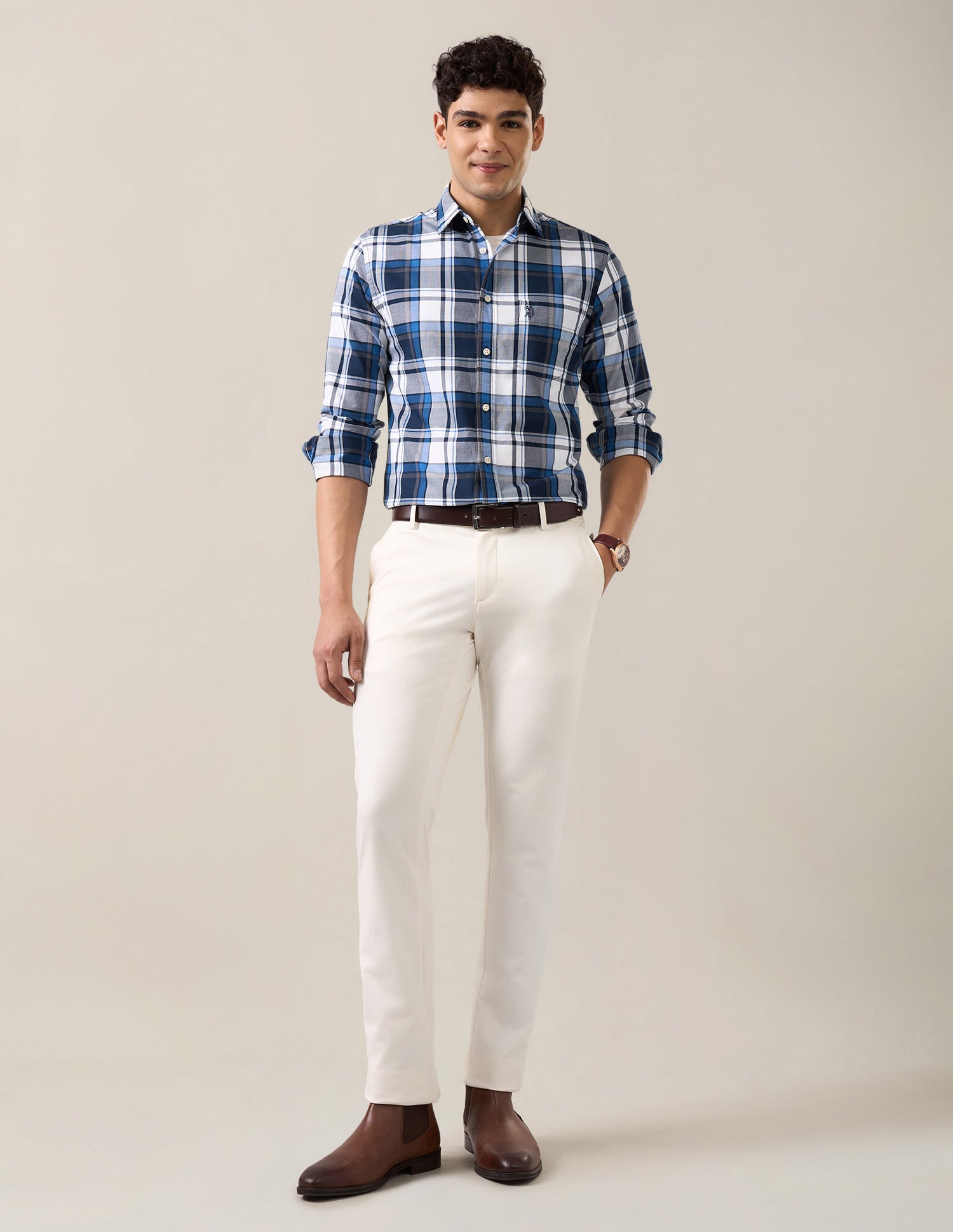 Grid Tattersall Checked Tailored Fit Shirt Navy - U.S. Polo Assn. India | Large