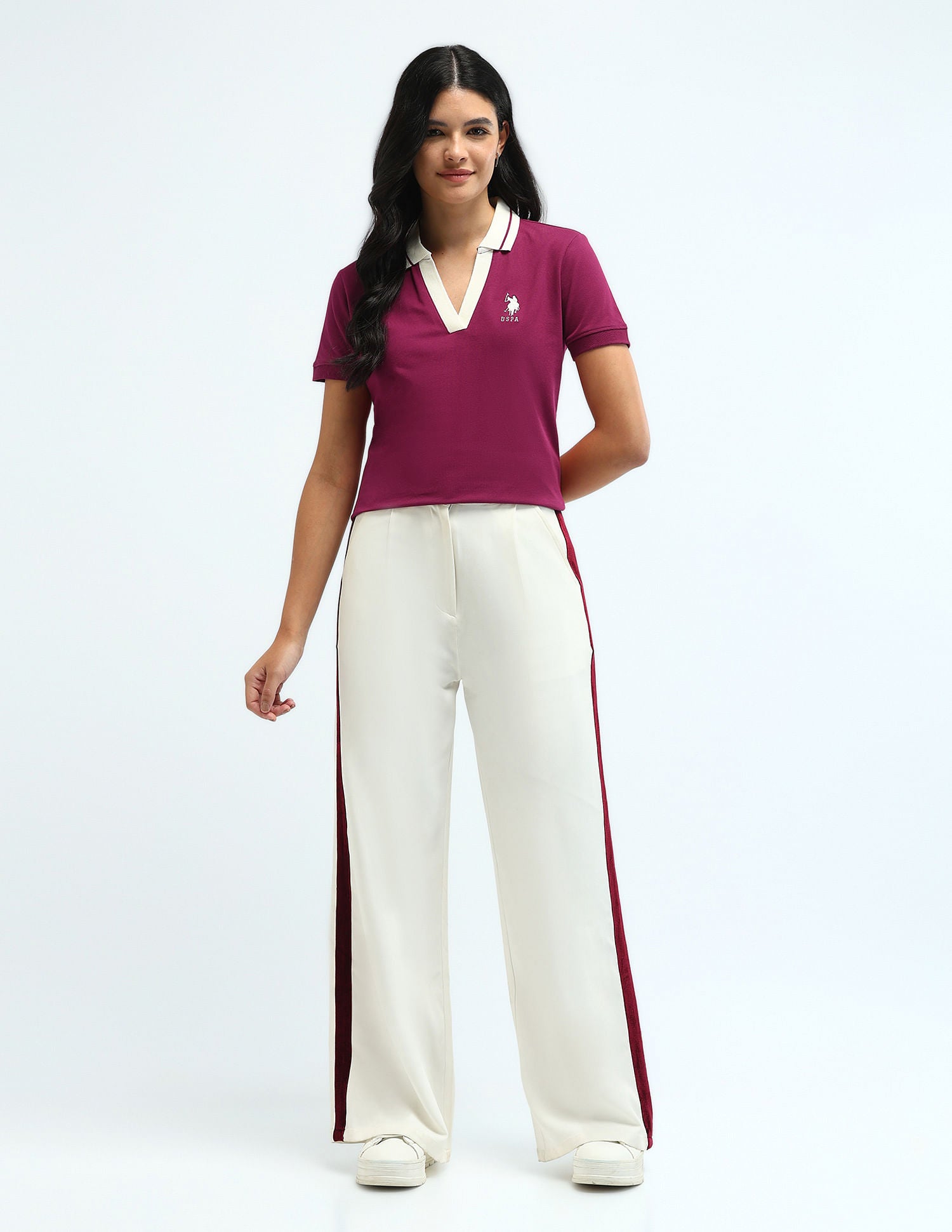 Contrast Polo Collar V Neck  and Placket Wine - U.S. POLO ASSN. | Large