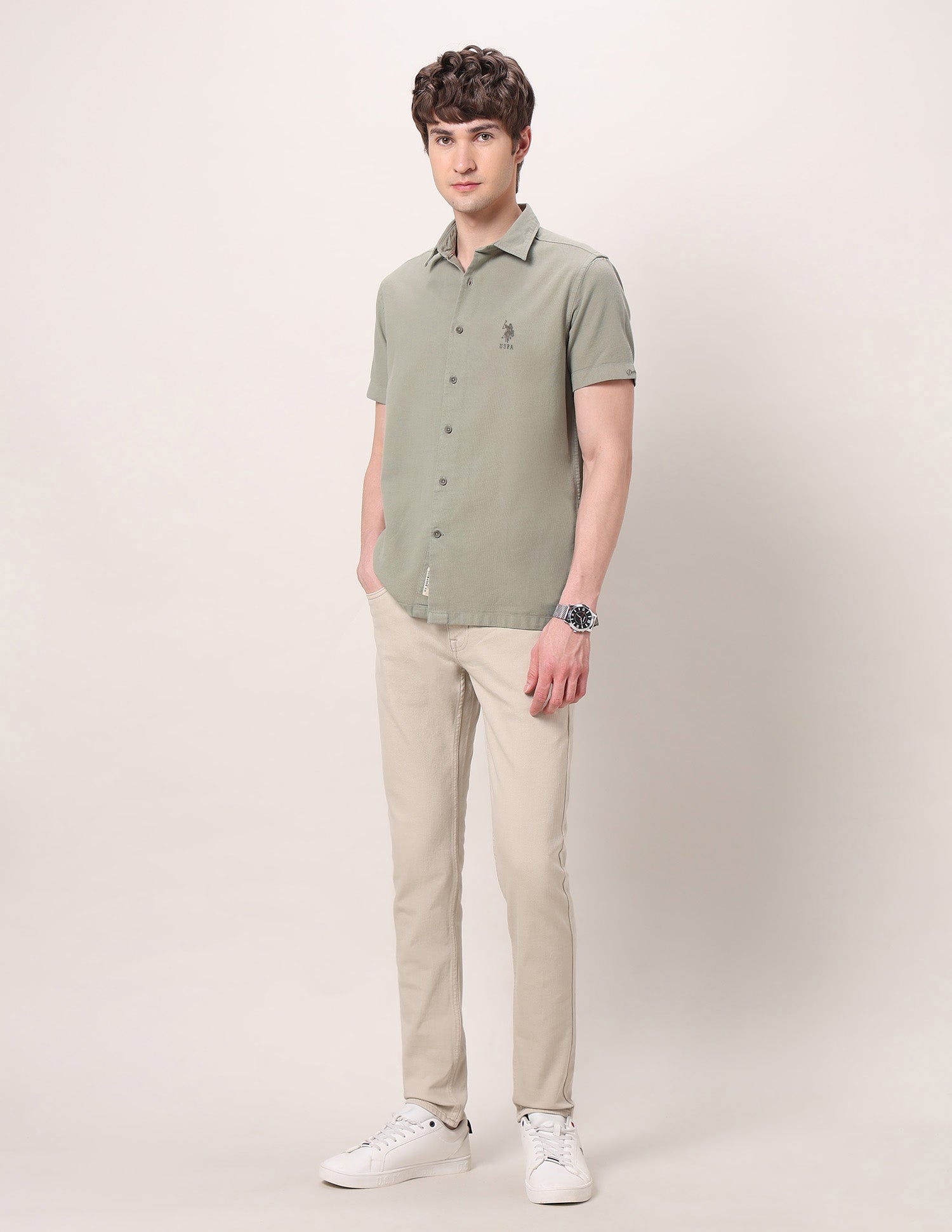 Pure Cotton Dobby Shirt Light Olive - U.S. Polo Assn. India | Large