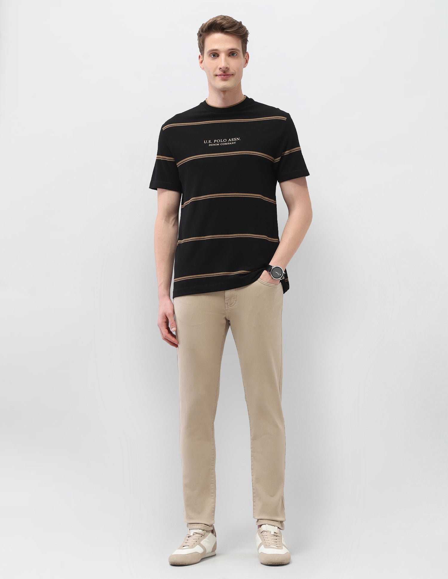 Horizontal Striped Slim Fit Black & Gold T-Shirt Black - U.S. Polo Assn. India | Large