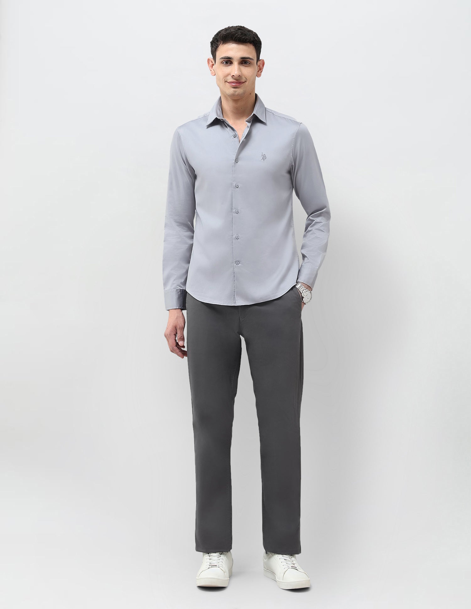 Tailored Fit Solid Shirt Light Grey - U.S. Polo Assn. India | Large