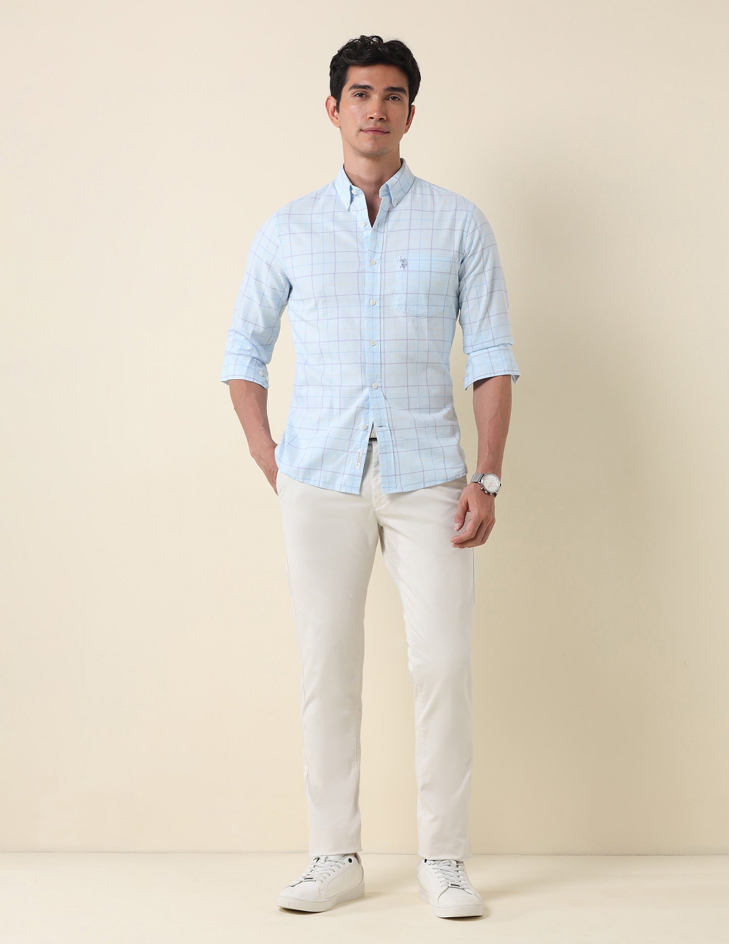 Tailored Fit Grid Tattersall Checked Shirt Aqua - U.S. Polo Assn. India | Large