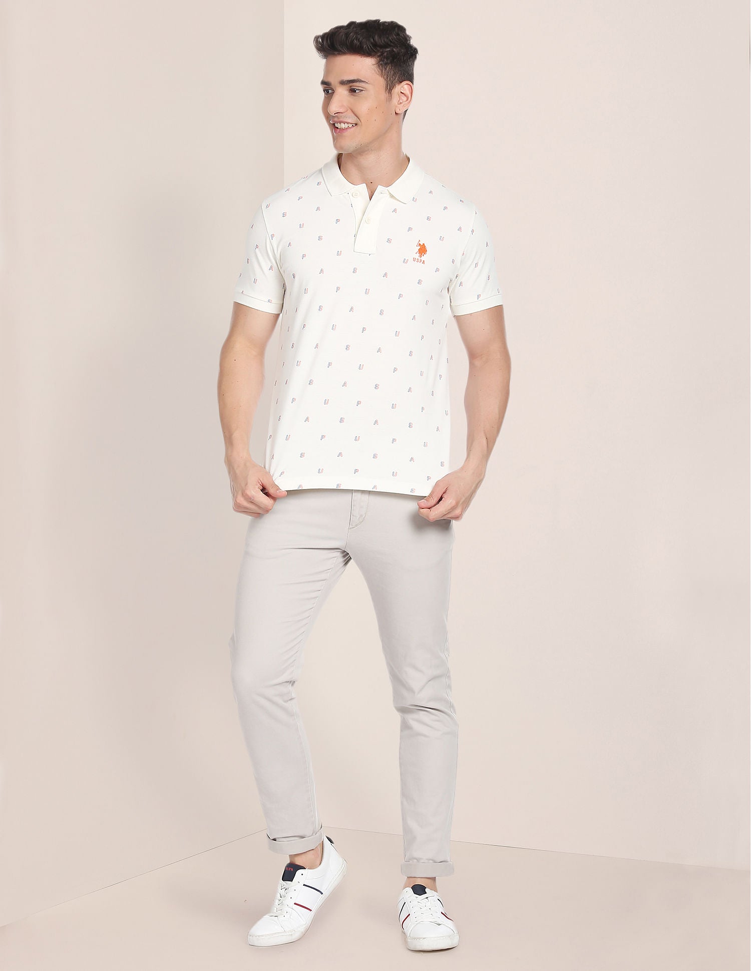 Typographic Print Cotton Polo Shirt White - U.S. Polo Assn. India | Large